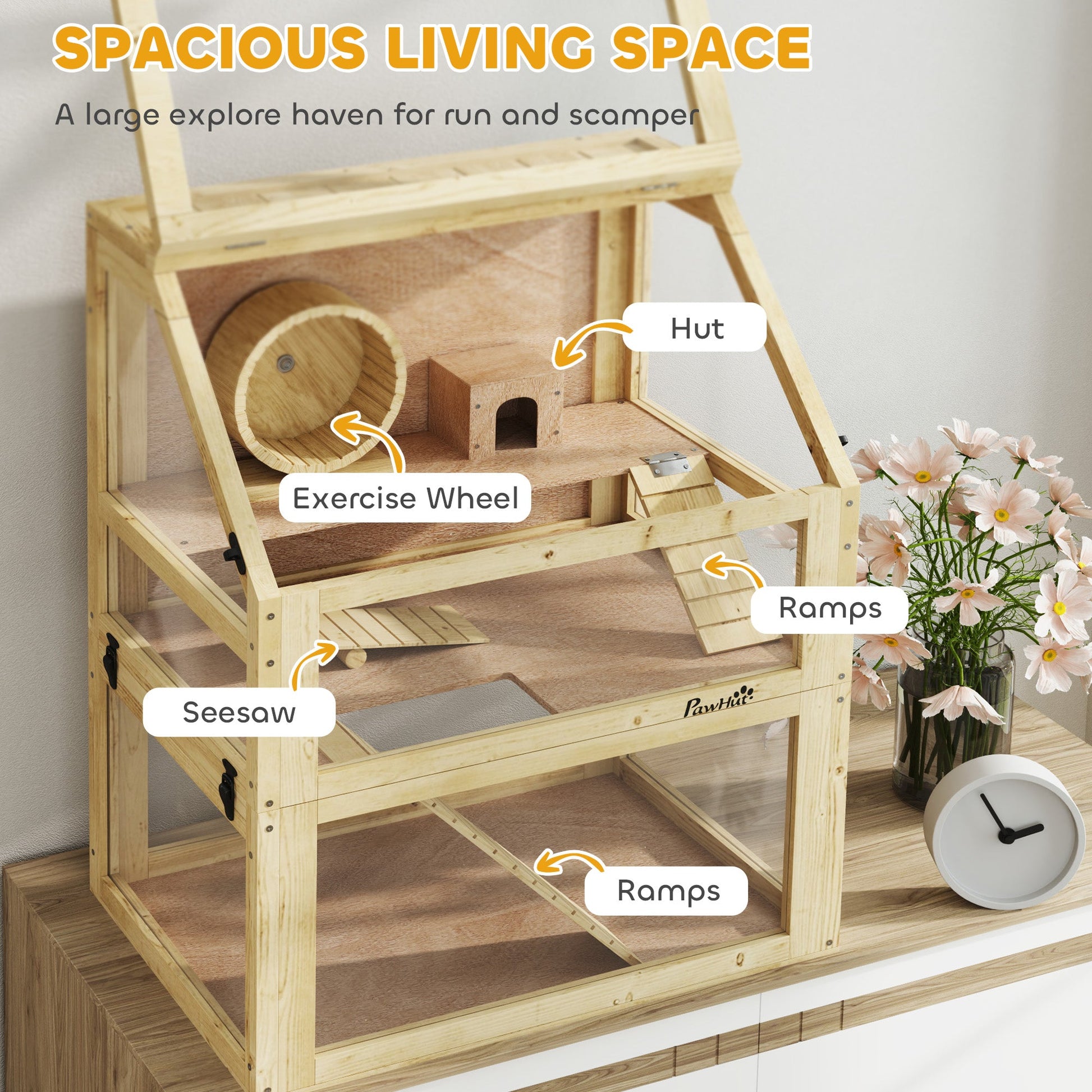 Wooden Hamster Cage, 3 Tier Gerbil Cage with Detachable 32cm Deep Bottom, Hut, Seesaw, Exercise Wheel, Ramps, Natural Wood Finish