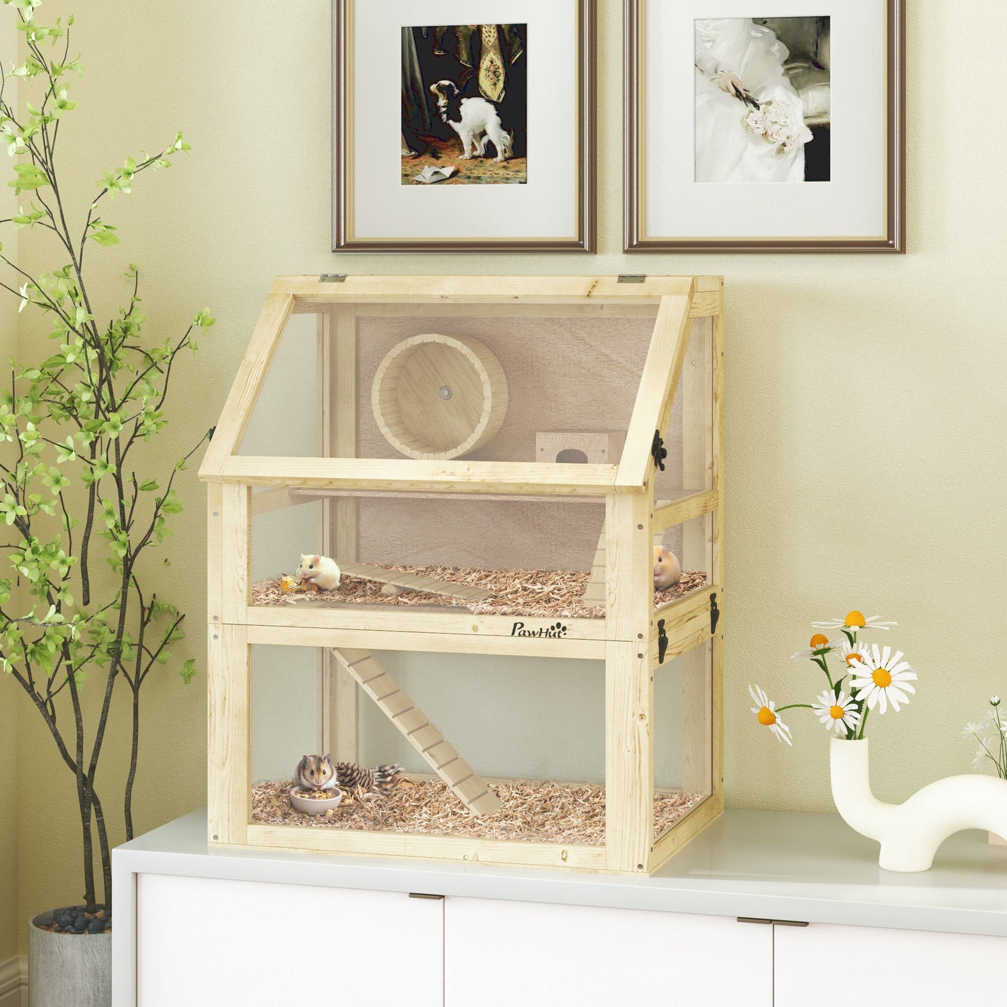 Wooden Hamster Cage, 3 Tier Gerbil Cage with Detachable 32cm Deep Bottom, Hut, Seesaw, Exercise Wheel, Ramps, Natural Wood Finish