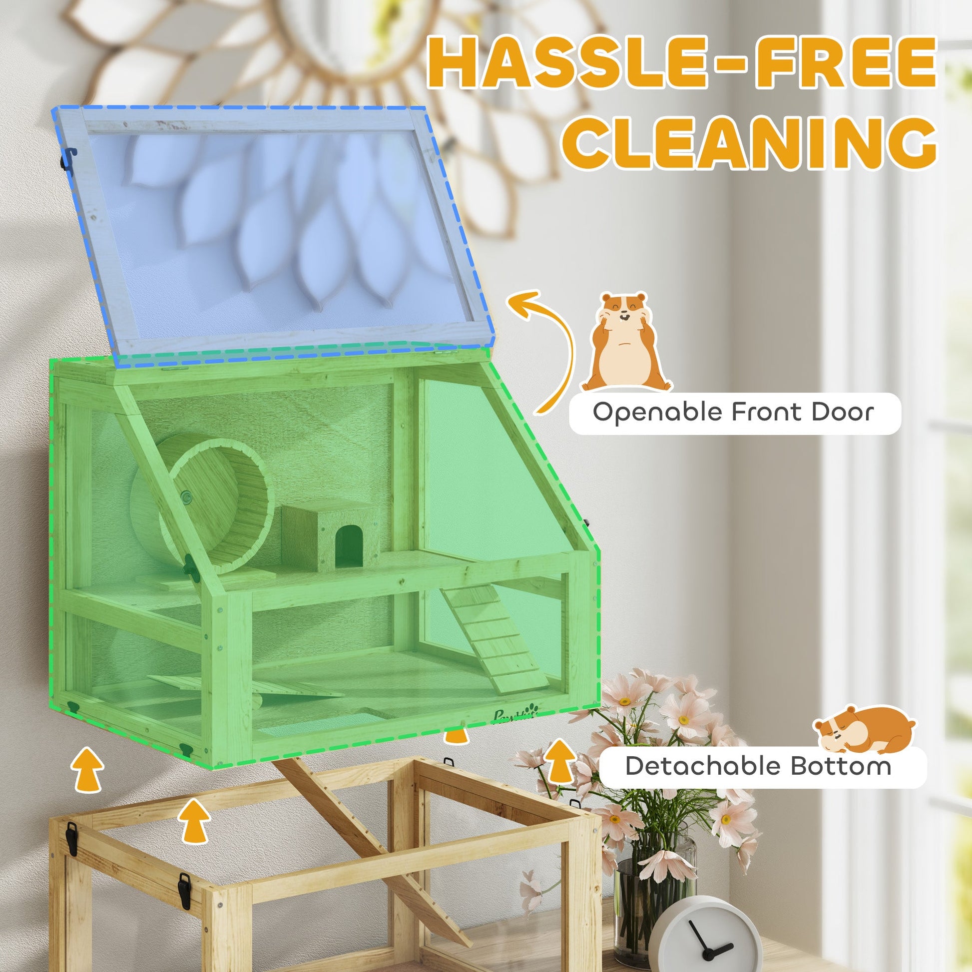 Wooden Hamster Cage, 3 Tier Gerbil Cage with Detachable 32cm Deep Bottom, Hut, Seesaw, Exercise Wheel, Ramps, Natural Wood Finish