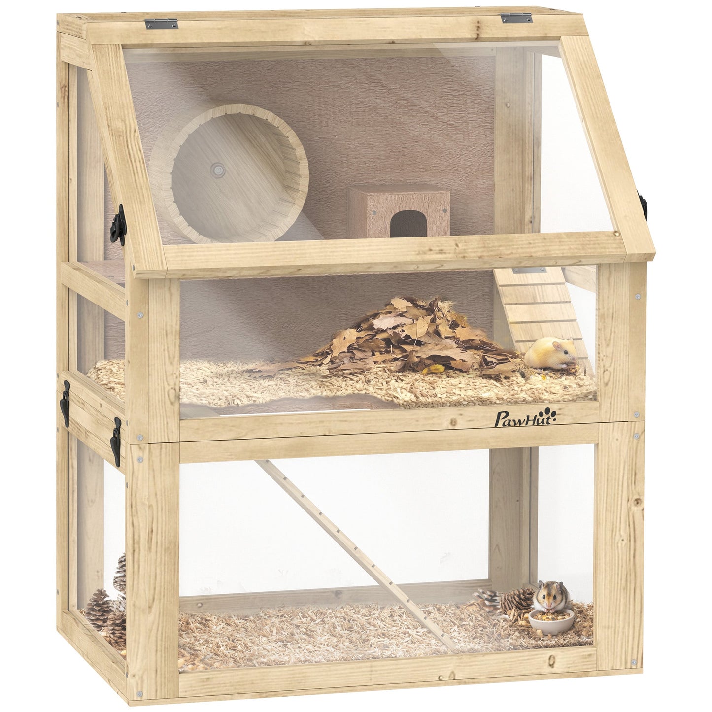Wooden Hamster Cage, 3 Tier Gerbil Cage with Detachable 32cm Deep Bottom, Hut, Seesaw, Exercise Wheel, Ramps, Natural Wood Finish