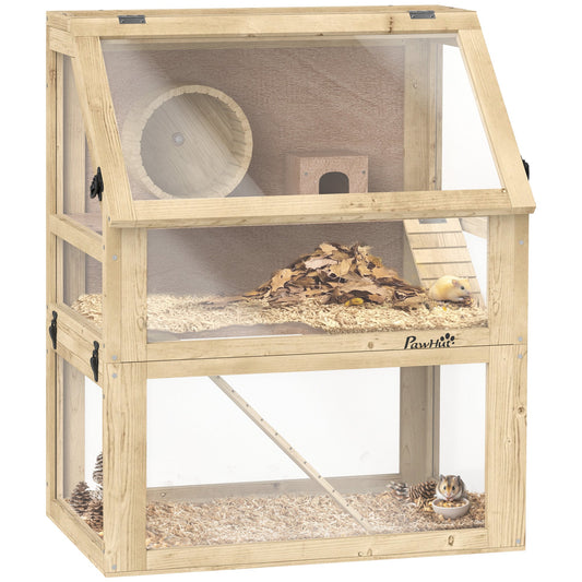 Wooden Hamster Cage, 3 Tier Gerbil Cage with Detachable 32cm Deep Bottom, Hut, Seesaw, Exercise Wheel, Ramps, Natural Wood Finish