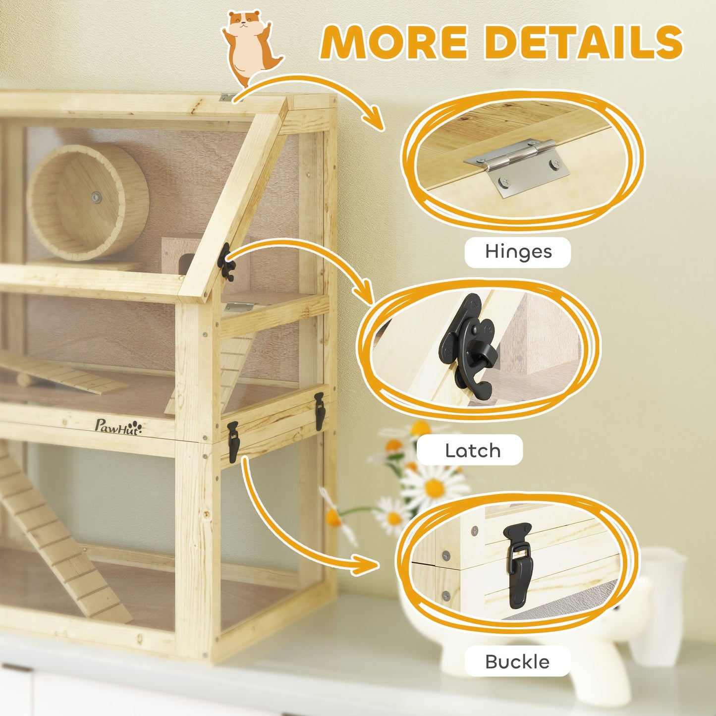Wooden Hamster Cage, 3 Tier Gerbil Cage with Detachable 32cm Deep Bottom, Hut, Seesaw, Exercise Wheel, Ramps, Natural Wood Finish
