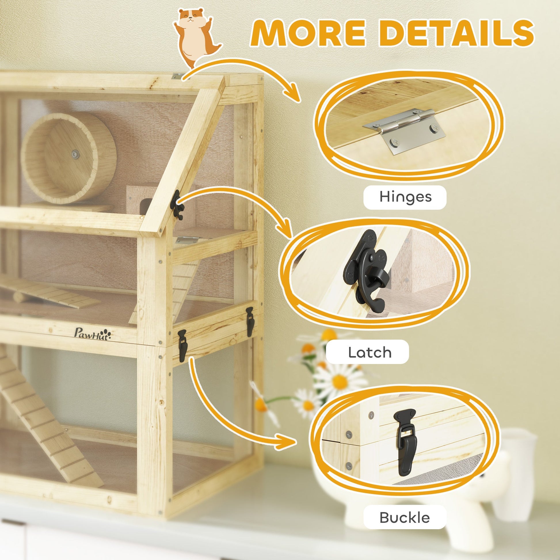 Wooden Hamster Cage, 3 Tier Gerbil Cage with Detachable 32cm Deep Bottom, Hut, Seesaw, Exercise Wheel, Ramps, Natural Wood Finish