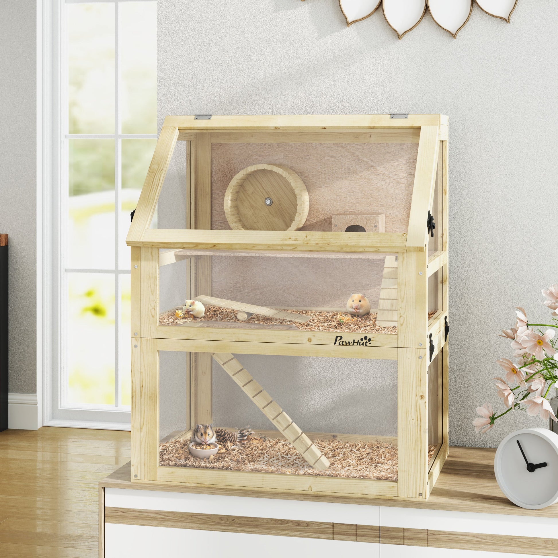 Wooden Hamster Cage, 3 Tier Gerbil Cage with Detachable 32cm Deep Bottom, Hut, Seesaw, Exercise Wheel, Ramps, Natural Wood Finish