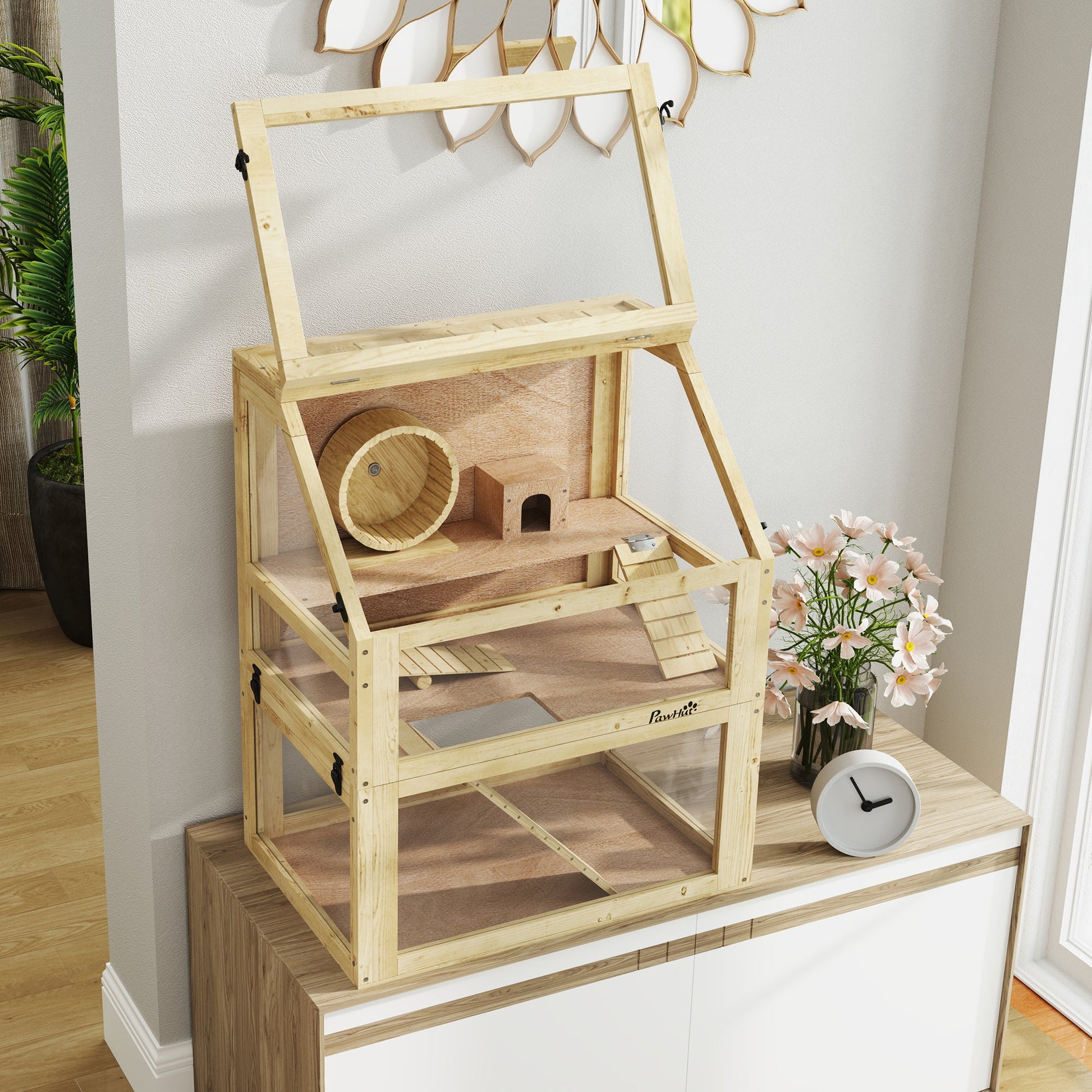 Wooden Hamster Cage, 3 Tier Gerbil Cage with Detachable 32cm Deep Bottom, Hut, Seesaw, Exercise Wheel, Ramps, Natural Wood Finish