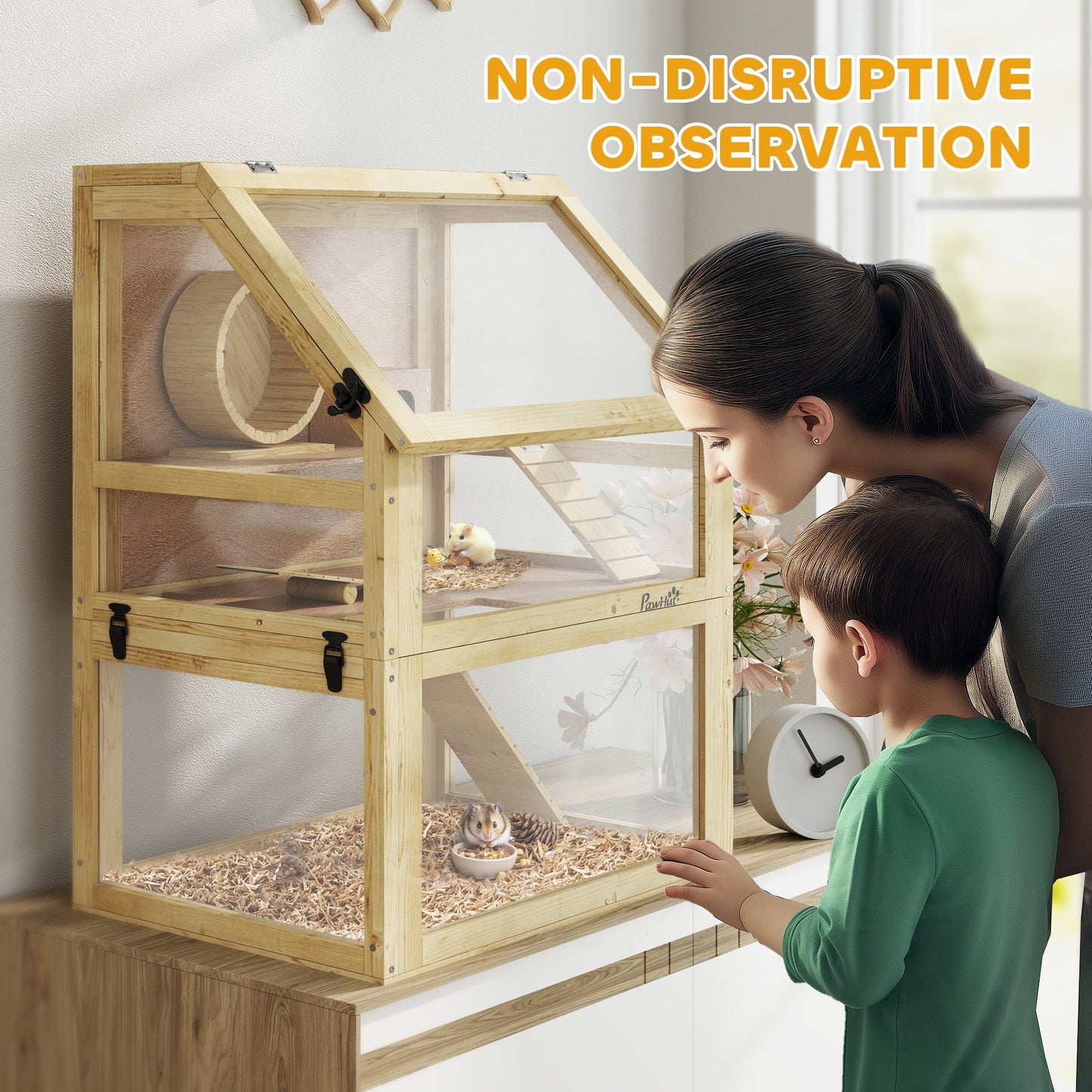Wooden Hamster Cage, 3 Tier Gerbil Cage with Detachable 32cm Deep Bottom, Hut, Seesaw, Exercise Wheel, Ramps, Natural Wood Finish