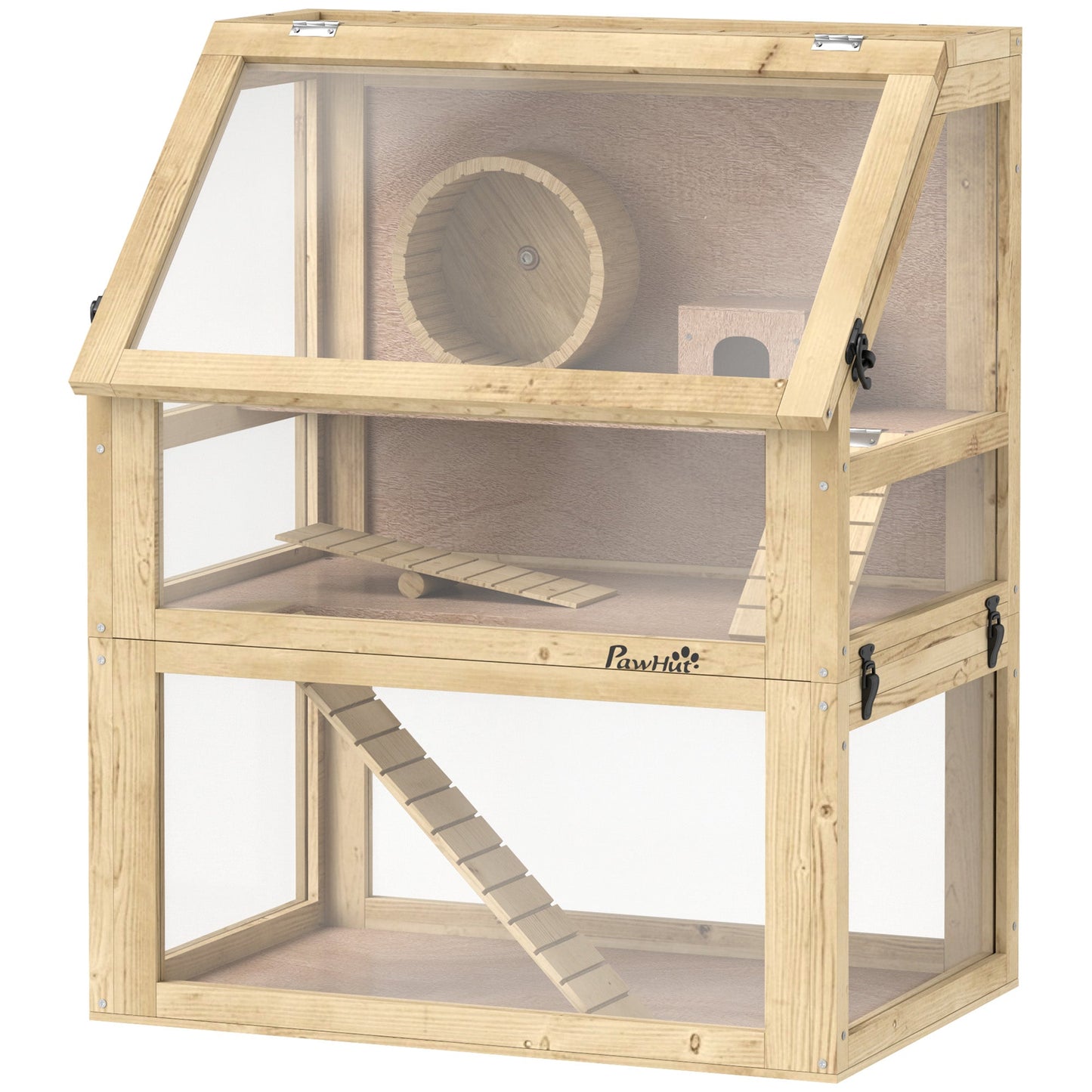 Wooden Hamster Cage, 3 Tier Gerbil Cage with Detachable 32cm Deep Bottom, Hut, Seesaw, Exercise Wheel, Ramps, Natural Wood Finish