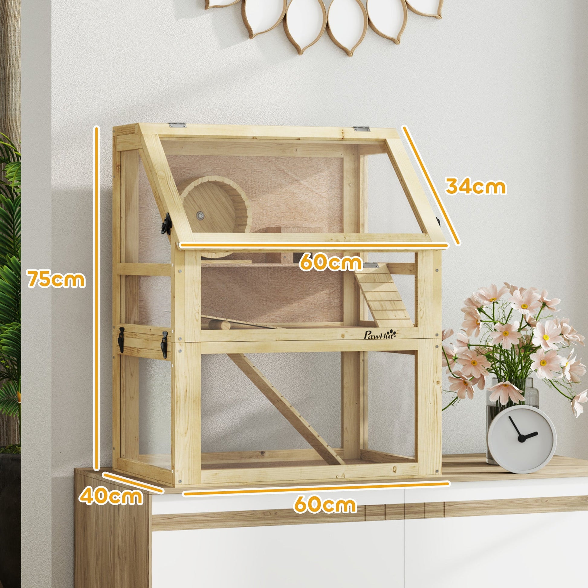 Wooden Hamster Cage, 3 Tier Gerbil Cage with Detachable 32cm Deep Bottom, Hut, Seesaw, Exercise Wheel, Ramps, Natural Wood Finish