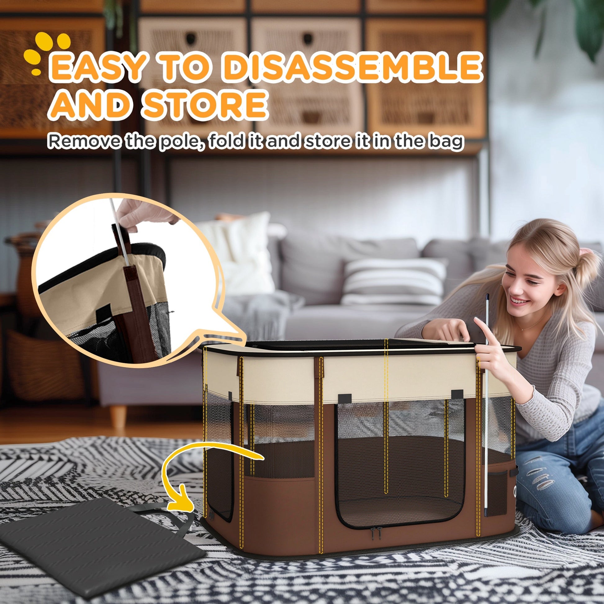Dog Pen, Pet Playpen, Portable Foldable Dog Cat Playpen Soft Pet Cage with Storage Bag for Puppies, Rabbits, Kittens, Guinea Pigs, 84 x 64 x 53cm - Brown