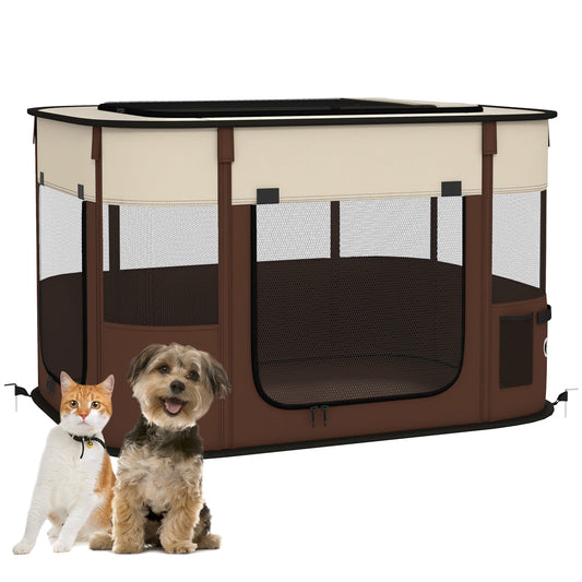 Dog Pen, Pet Playpen, Portable Foldable Dog Cat Playpen Soft Pet Cage with Storage Bag for Puppies, Rabbits, Kittens, Guinea Pigs, 84 x 64 x 53cm - Brown