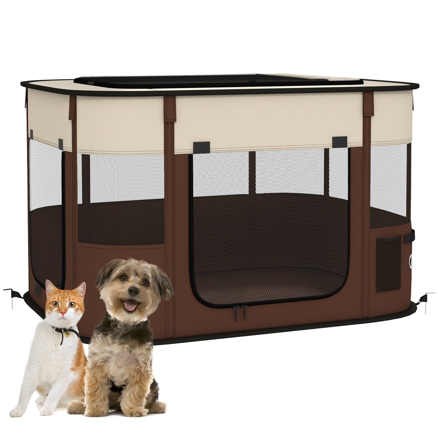 Dog Pen, Pet Playpen, Portable Foldable Dog Cat Playpen Soft Pet Cage with Storage Bag for Puppies, Rabbits, Kittens, Guinea Pigs, 84 x 64 x 53cm - Brown