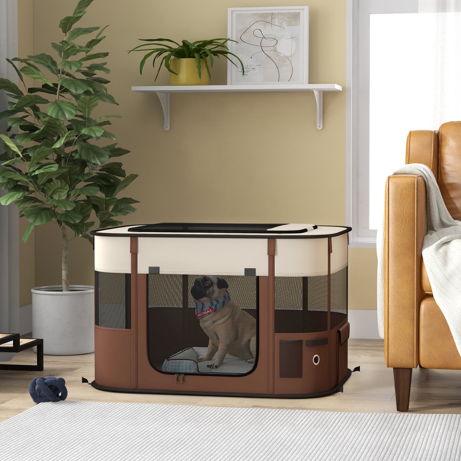 Dog Pen, Pet Playpen, Portable Foldable Dog Cat Playpen Soft Pet Cage with Storage Bag for Puppies, Rabbits, Kittens, Guinea Pigs, 84 x 64 x 53cm - Brown