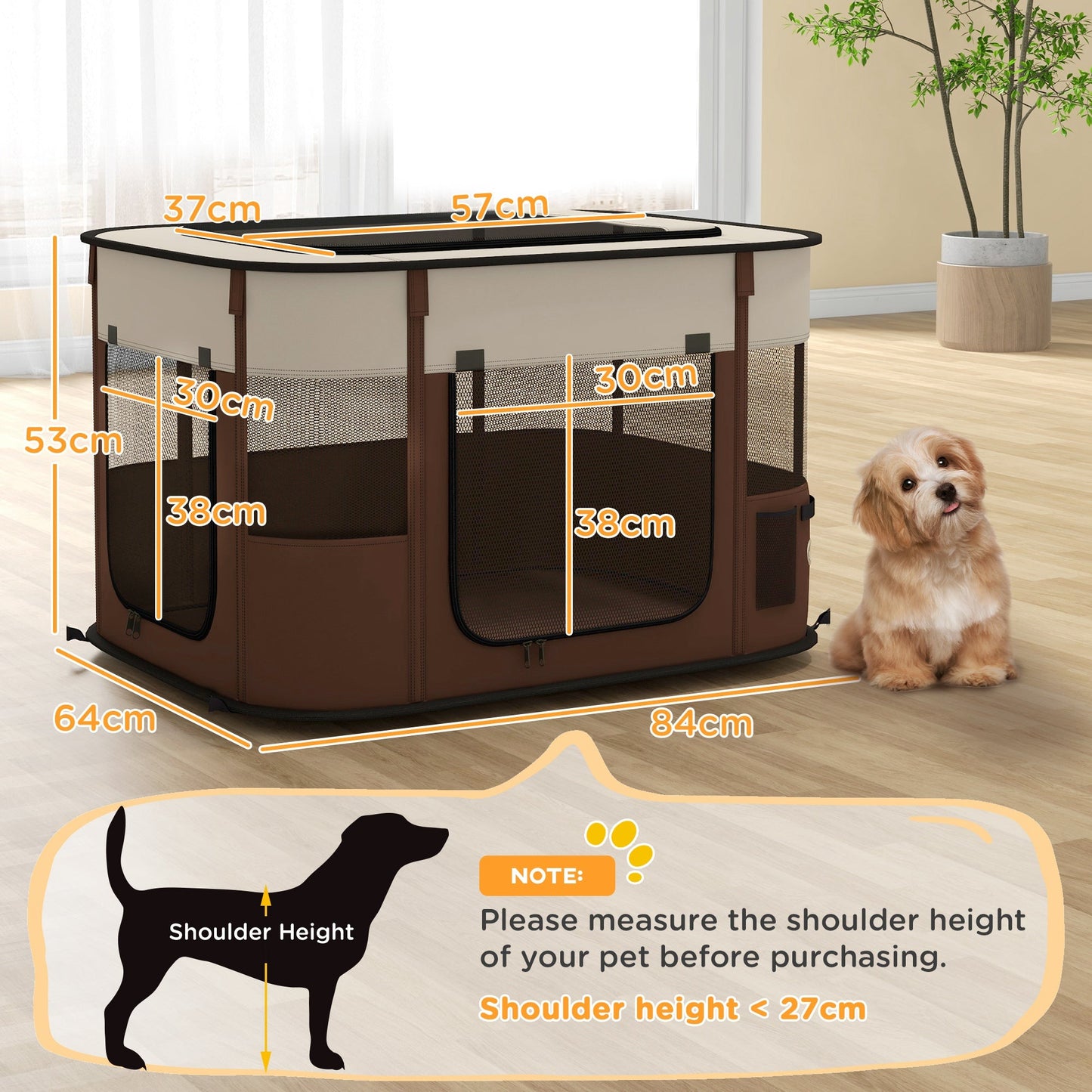 Dog Pen, Pet Playpen, Portable Foldable Dog Cat Playpen Soft Pet Cage with Storage Bag for Puppies, Rabbits, Kittens, Guinea Pigs, 84 x 64 x 53cm - Brown