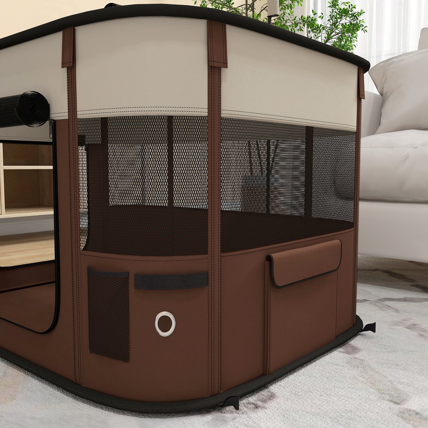 Dog Pen, Pet Playpen, Portable Foldable Dog Cat Playpen Soft Pet Cage with Storage Bag for Puppies, Rabbits, Kittens, Guinea Pigs, 84 x 64 x 53cm - Brown