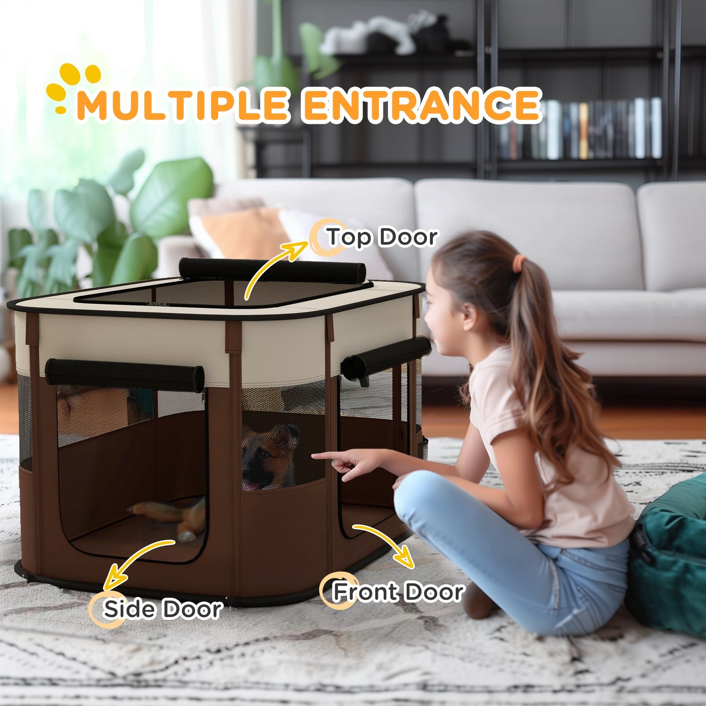 Dog Pen, Pet Playpen, Portable Foldable Dog Cat Playpen Soft Pet Cage with Storage Bag for Puppies, Rabbits, Kittens, Guinea Pigs, 84 x 64 x 53cm - Brown