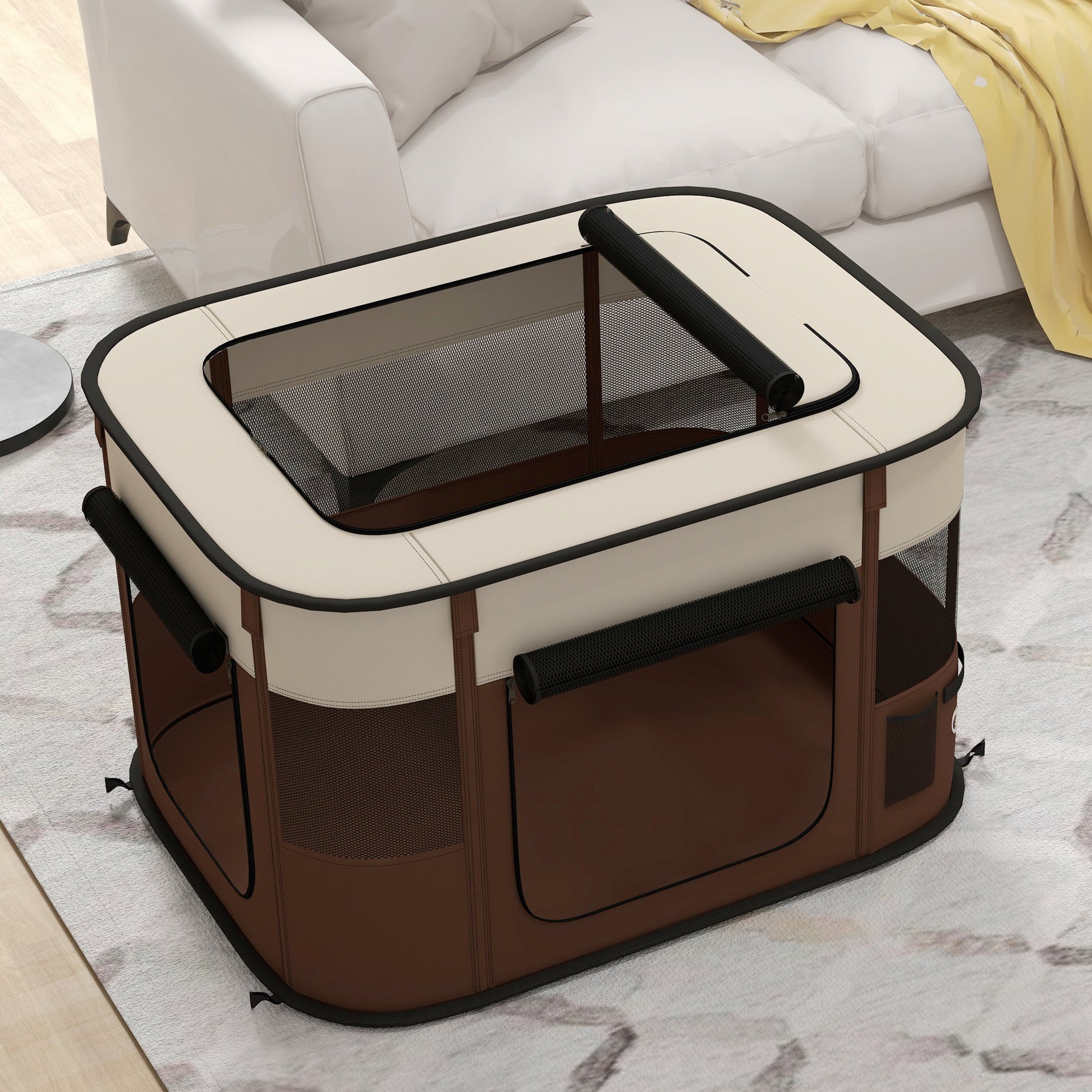 Dog Pen, Pet Playpen, Portable Foldable Dog Cat Playpen Soft Pet Cage with Storage Bag for Puppies, Rabbits, Kittens, Guinea Pigs, 84 x 64 x 53cm - Brown