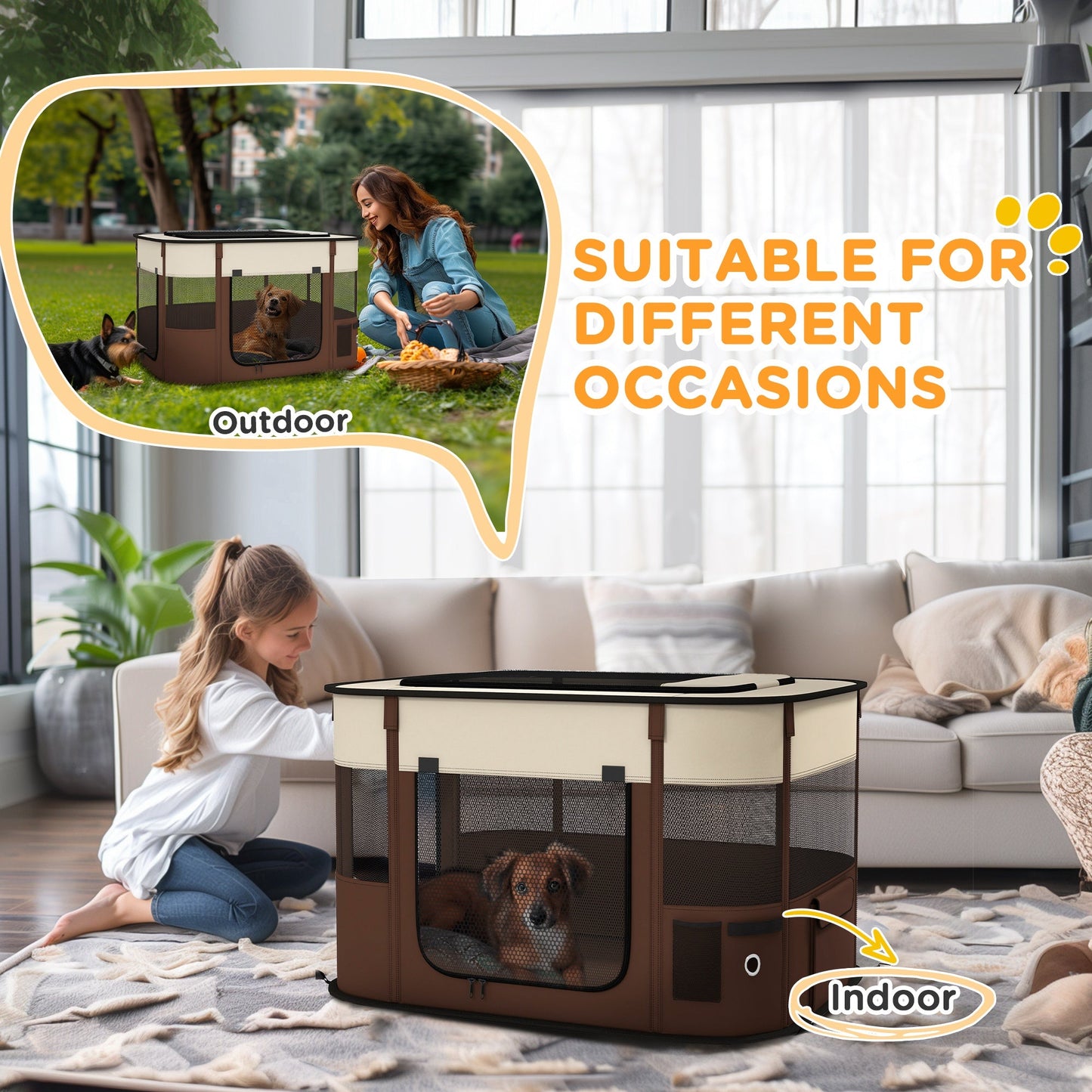 Dog Pen, Pet Playpen, Portable Foldable Dog Cat Playpen Soft Pet Cage with Storage Bag for Puppies, Rabbits, Kittens, Guinea Pigs, 84 x 64 x 53cm - Brown
