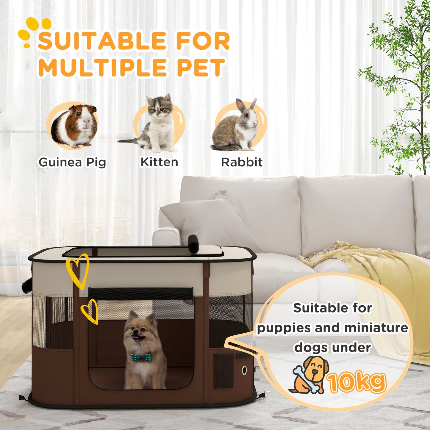 Dog Pen, Pet Playpen, Portable Foldable Dog Cat Playpen Soft Pet Cage with Storage Bag for Puppies, Rabbits, Kittens, Guinea Pigs, 84 x 64 x 53cm - Brown
