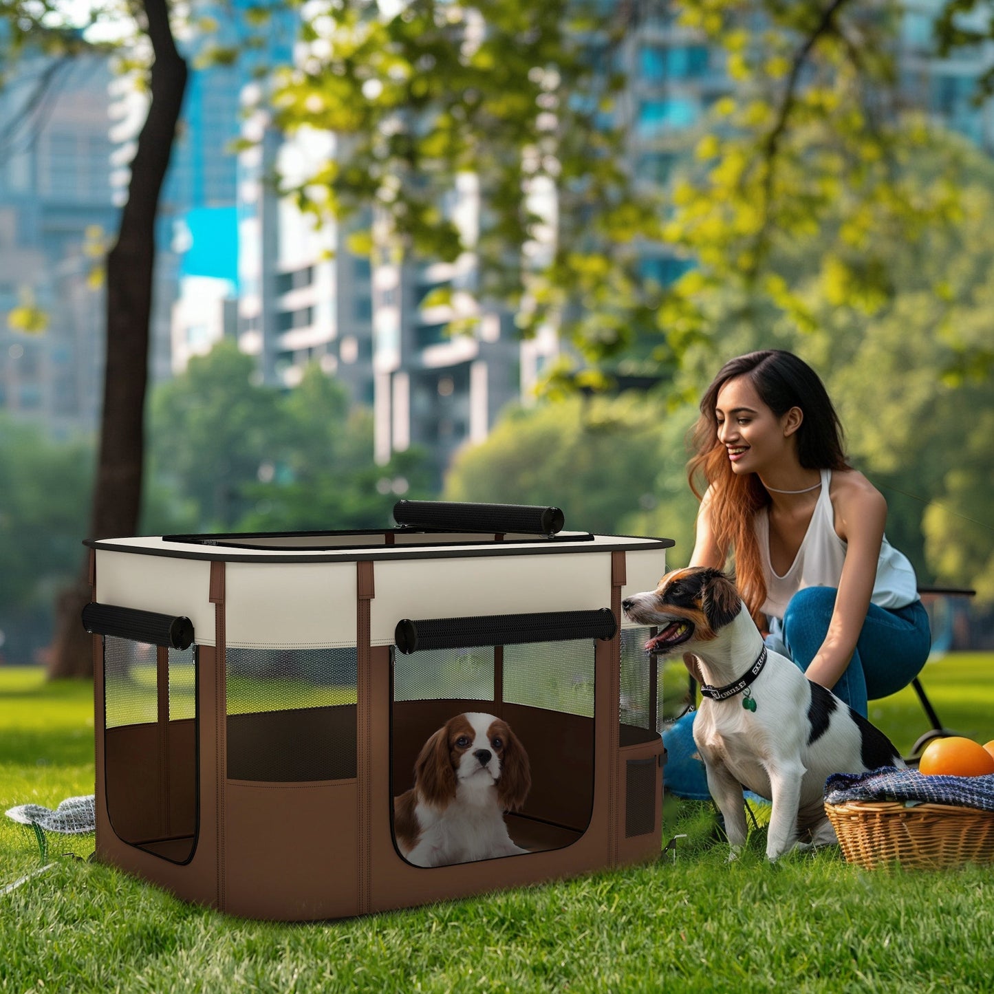 Dog Pen, Pet Playpen, Portable Foldable Dog Cat Playpen Soft Pet Cage with Storage Bag for Puppies, Rabbits, Kittens, Guinea Pigs, 84 x 64 x 53cm - Brown