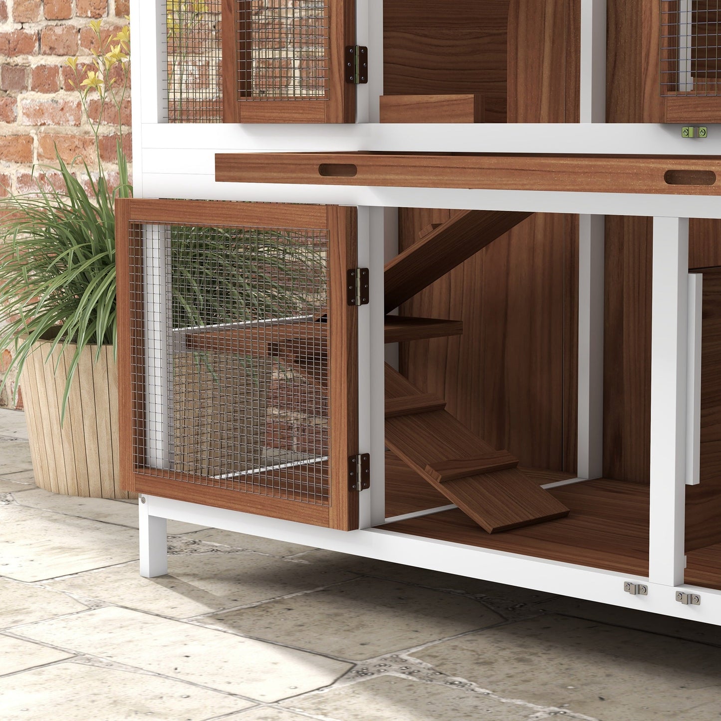 Rabbit Hutch Outdoor Guinea Pig Hutch 2 Tier Wooden Cage w/ Ramp, Divider, Openable Roof, 125 x 48 x 100cm - Brown