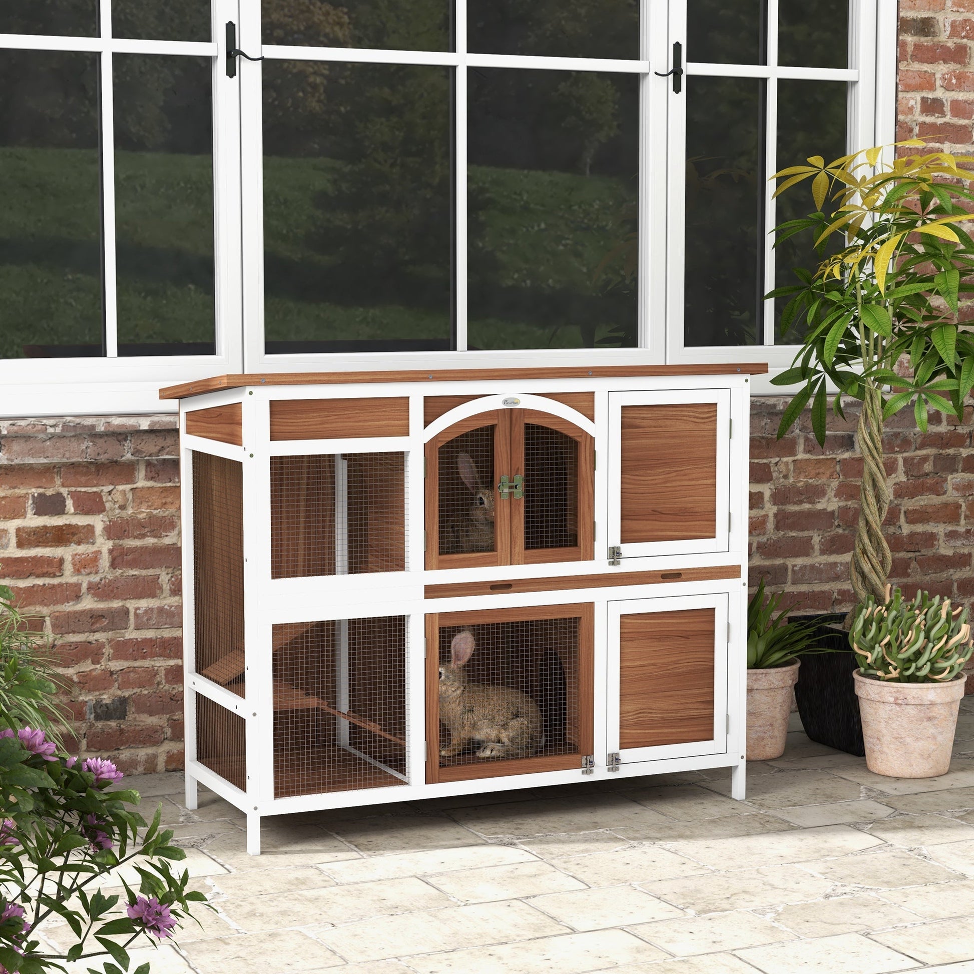 Rabbit Hutch Outdoor Guinea Pig Hutch 2 Tier Wooden Cage w/ Ramp, Divider, Openable Roof, 125 x 48 x 100cm - Brown