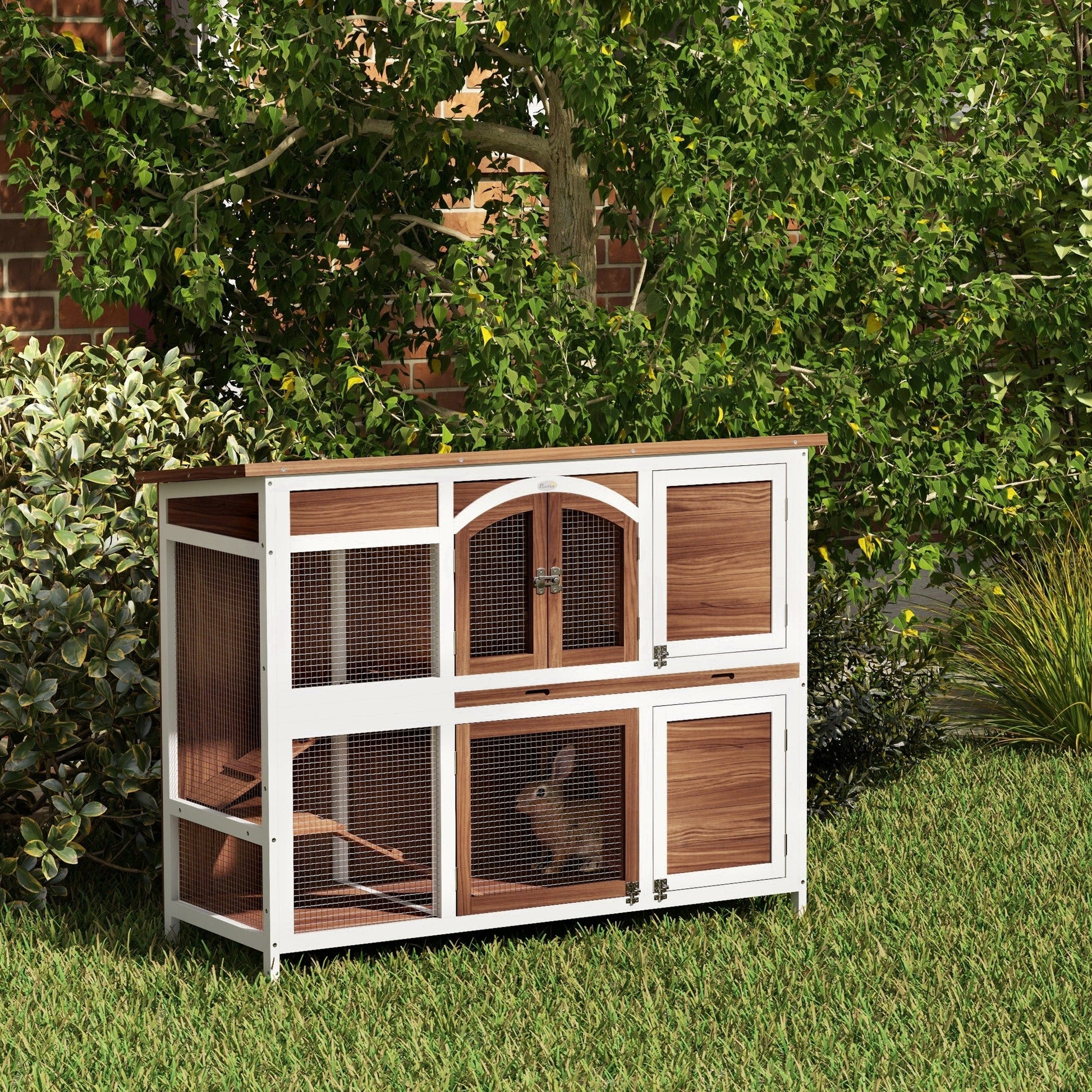 Rabbit Hutch Outdoor Guinea Pig Hutch 2 Tier Wooden Cage w/ Ramp, Divider, Openable Roof, 125 x 48 x 100cm - Brown