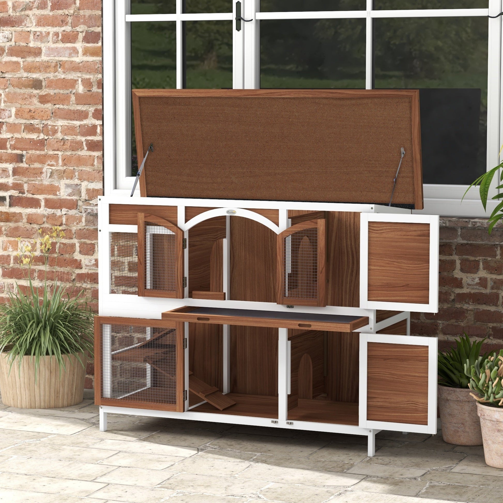 Rabbit Hutch Outdoor Guinea Pig Hutch 2 Tier Wooden Cage w/ Ramp, Divider, Openable Roof, 125 x 48 x 100cm - Brown