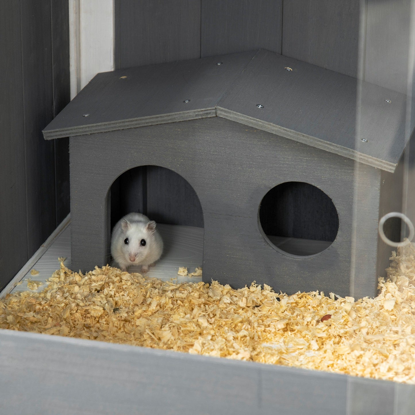 Wooden Hamster Cage, Small Animal Hutch for Dwarf Hamsters, Gerbils, Rutin Chickens w/ Huts, Shelf, 82 x 45 x 81cm - Dark Grey
