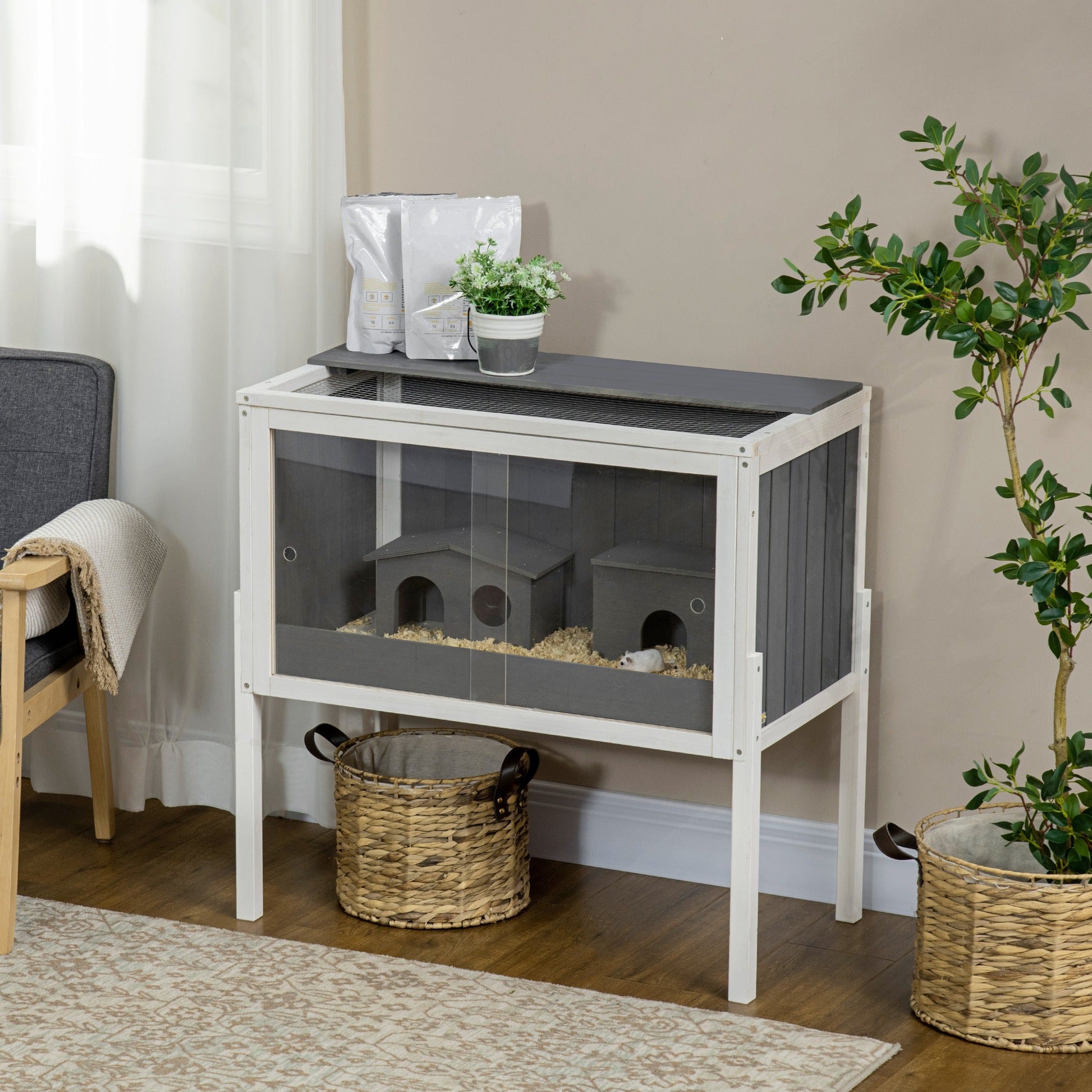 Wooden Hamster Cage, Small Animal Hutch for Dwarf Hamsters, Gerbils, Rutin Chickens w/ Huts, Shelf, 82 x 45 x 81cm - Dark Grey