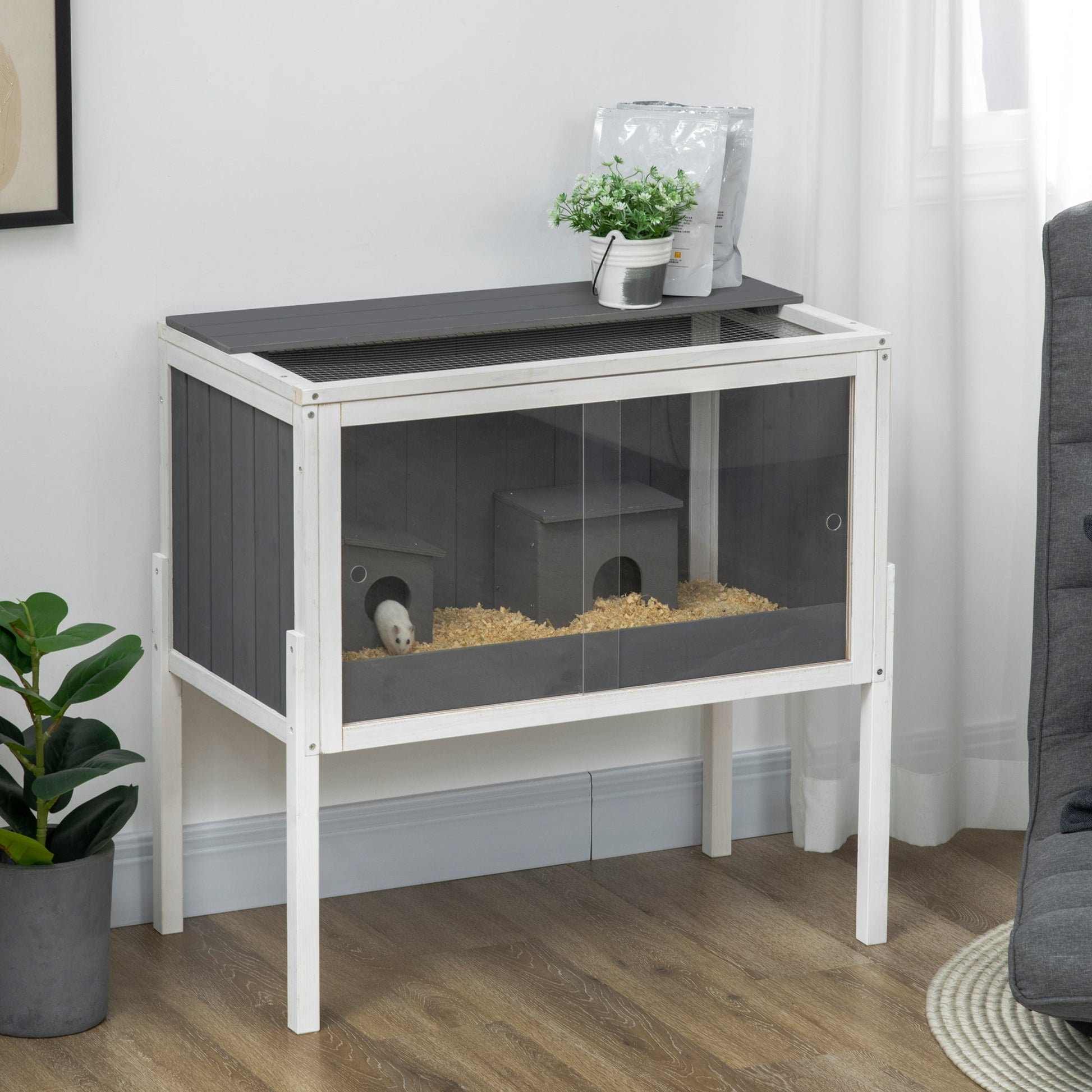 Wooden Hamster Cage, Small Animal Hutch for Dwarf Hamsters, Gerbils, Rutin Chickens w/ Huts, Shelf, 82 x 45 x 81cm - Dark Grey