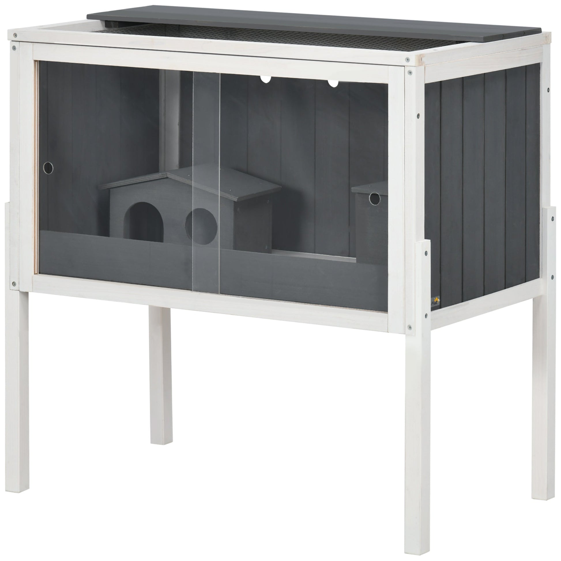 Wooden Hamster Cage, Small Animal Hutch for Dwarf Hamsters, Gerbils, Rutin Chickens w/ Huts, Shelf, 82 x 45 x 81cm - Dark Grey