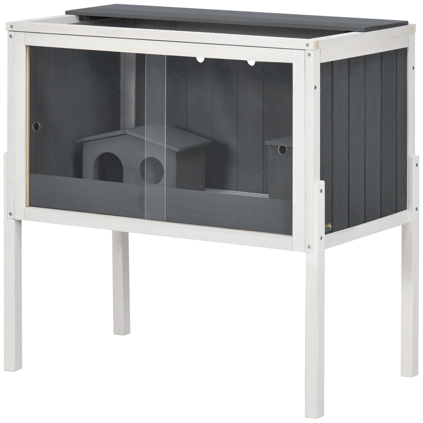 Wooden Hamster Cage, Small Animal Hutch for Dwarf Hamsters, Gerbils, Rutin Chickens w/ Huts, Shelf, 82 x 45 x 81cm - Dark Grey