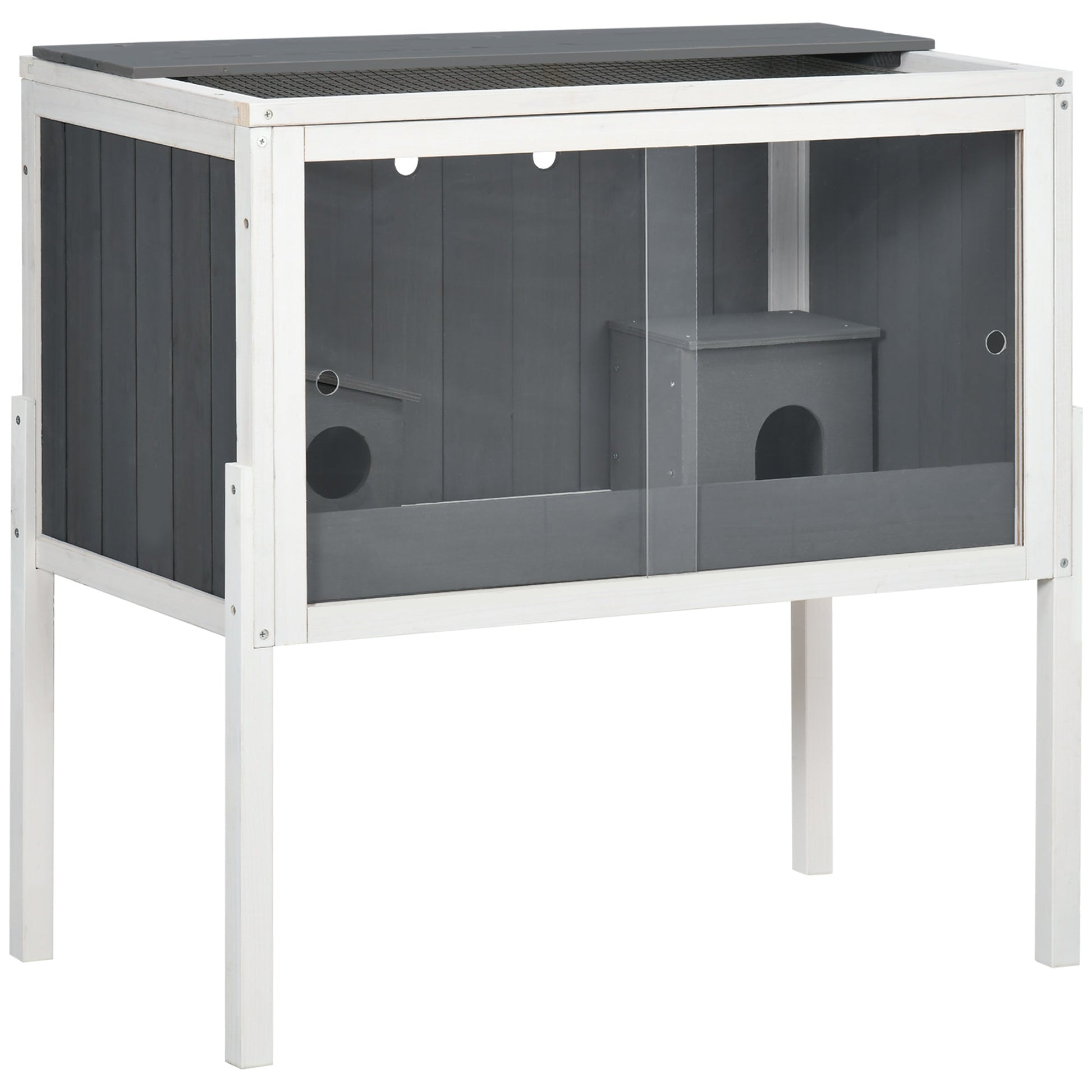 Wooden Hamster Cage, Small Animal Hutch for Dwarf Hamsters, Gerbils, Rutin Chickens w/ Huts, Shelf, 82 x 45 x 81cm - Dark Grey