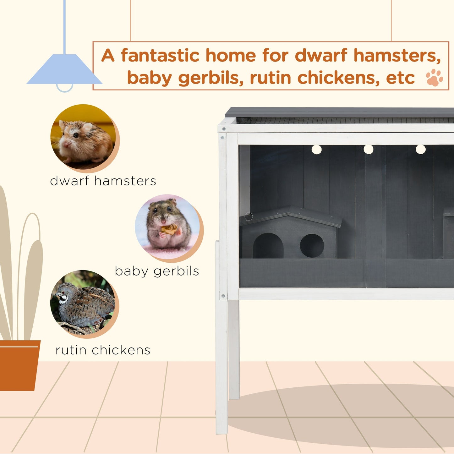 Wooden Hamster Cage, Small Animal Hutch for Dwarf Hamsters, Gerbils, Rutin Chickens w/ Huts, Shelf, 82 x 45 x 81cm - Dark Grey