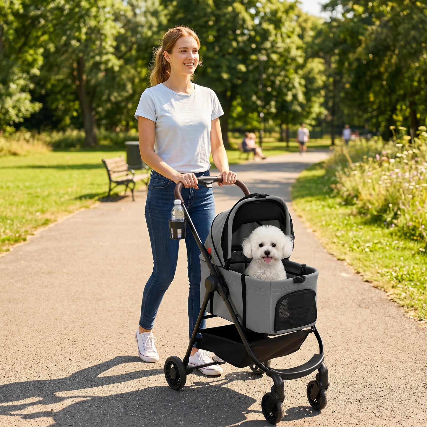 Dog Stroller, 3 in 1 Foldable Pet Stroller for Small Puppy Cat with Detachable Travel Carrier, 4 Wheels Dog Pram with Storage Basket, Seat Leashes, Mesh Window, Grey