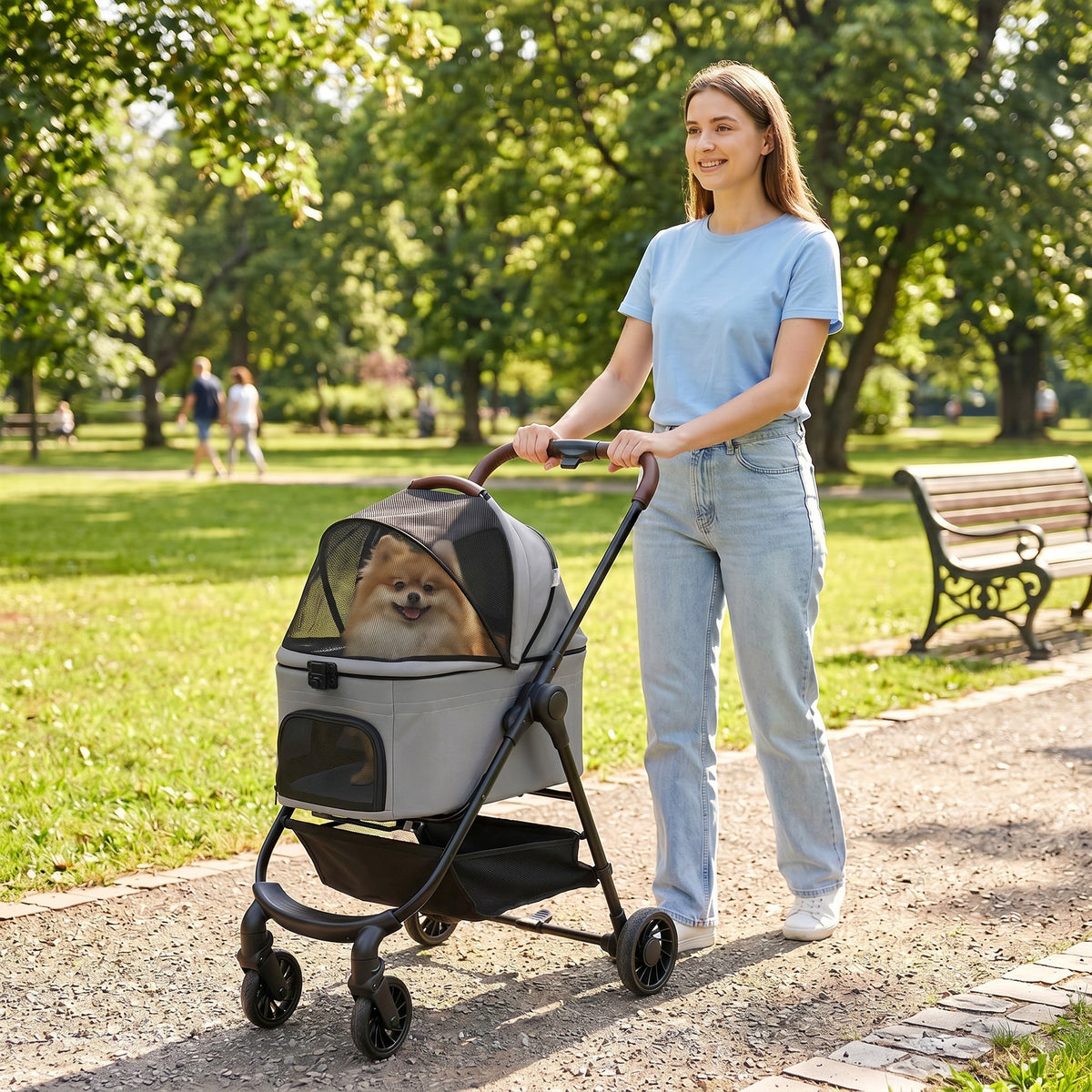 Dog Stroller, 3 in 1 Foldable Pet Stroller for Small Puppy Cat with Detachable Travel Carrier, 4 Wheels Dog Pram with Storage Basket, Seat Leashes, Mesh Window, Grey