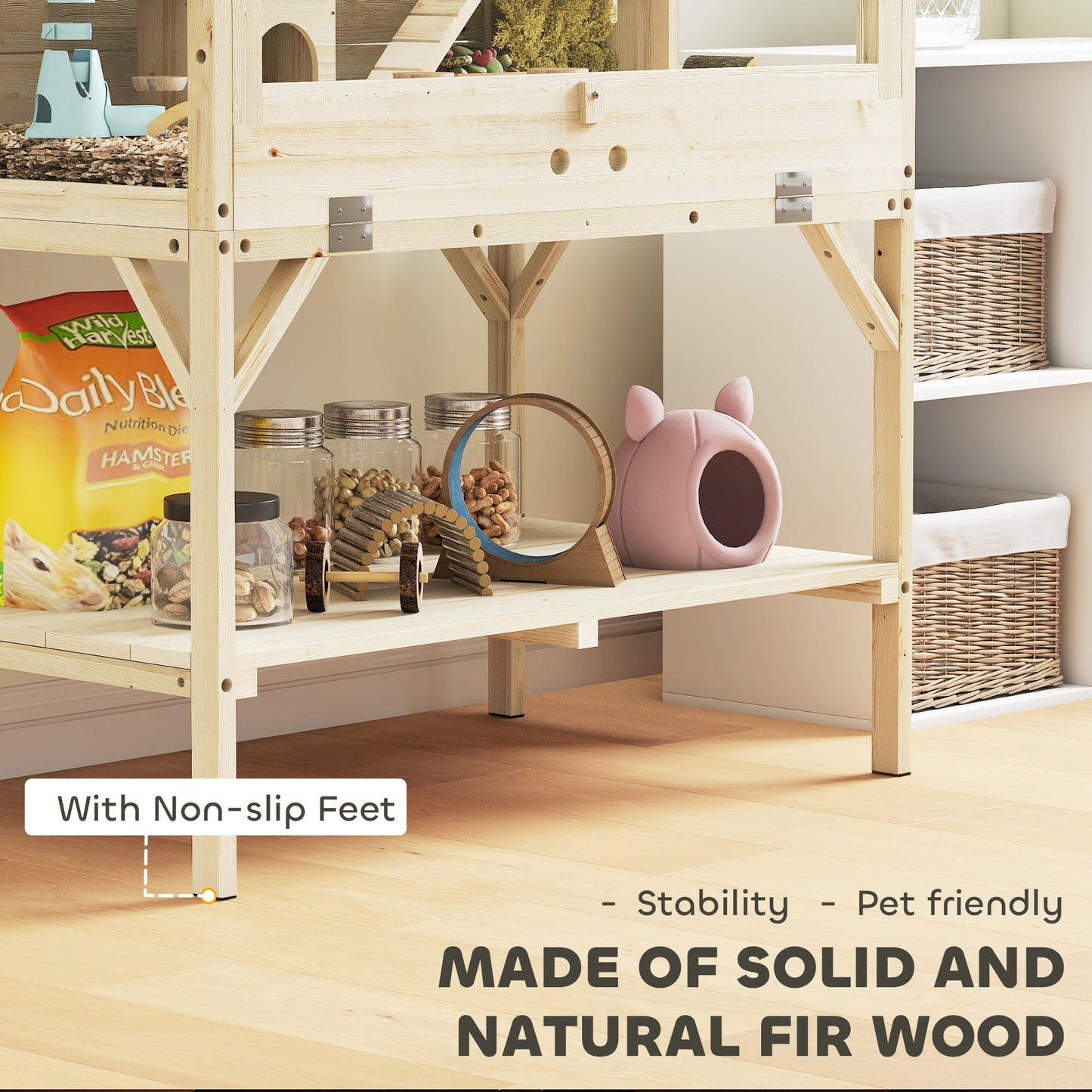 Wooden Hamster Cage, 2 Tier Transparent Gerbil Cage with Storage Shelf, Openable Top, Tray, Seesaws, Ramp, Water Bottle, Small Animal Habitat for Syrian, Gerbils, Rats, Rodent, 84 x 53 x 110 cm