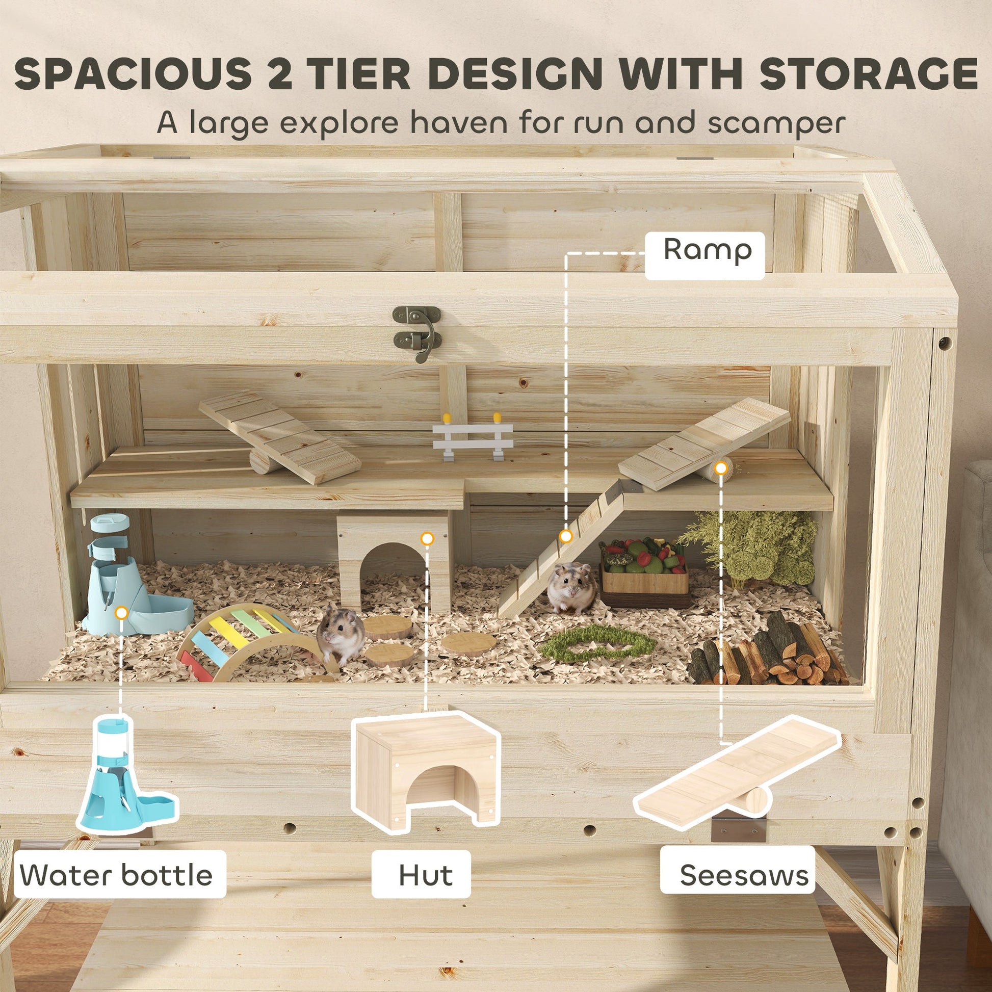 Wooden Hamster Cage, 2 Tier Transparent Gerbil Cage with Storage Shelf, Openable Top, Tray, Seesaws, Ramp, Water Bottle, Small Animal Habitat for Syrian, Gerbils, Rats, Rodent, 84 x 53 x 110 cm