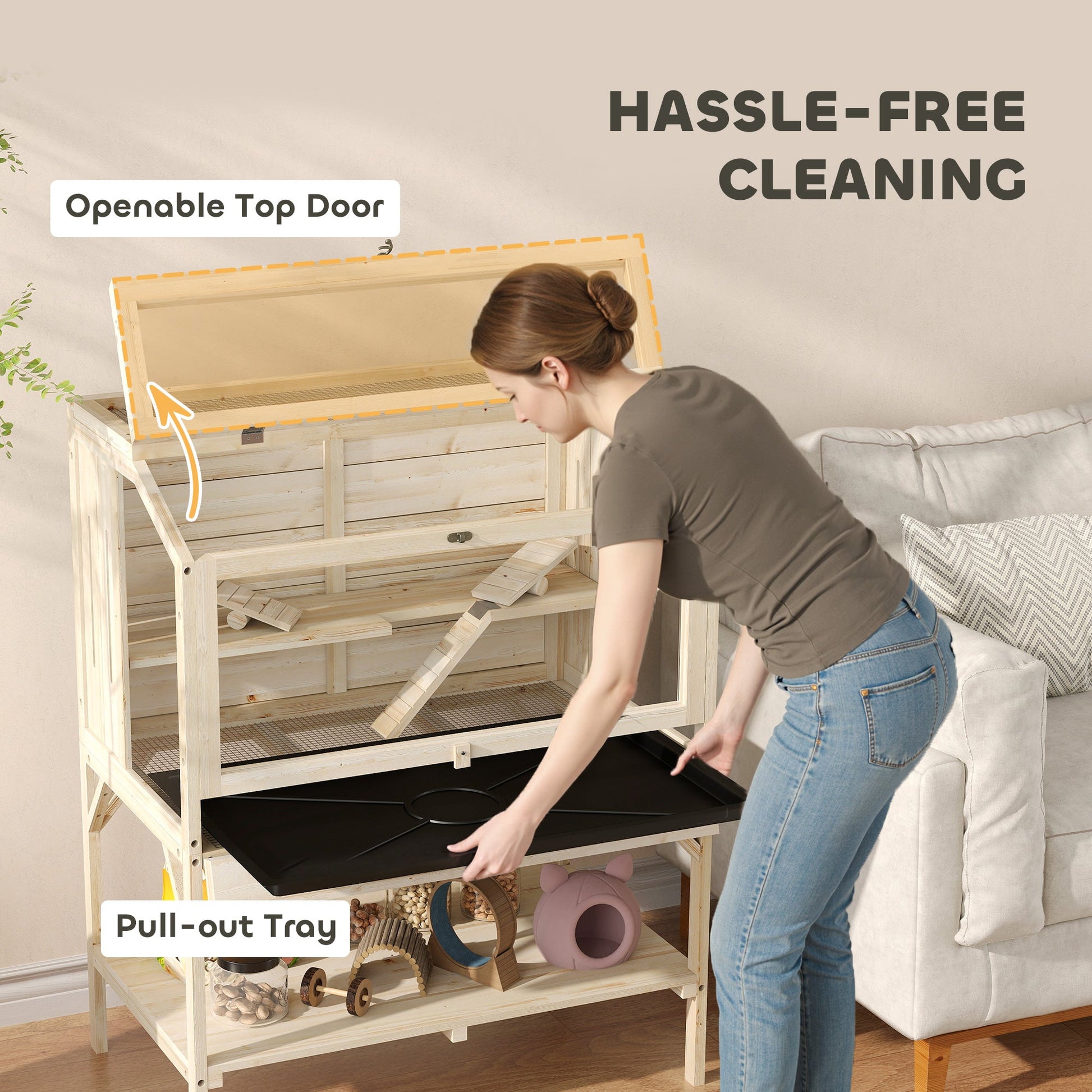 Wooden Hamster Cage, 2 Tier Transparent Gerbil Cage with Storage Shelf, Openable Top, Tray, Seesaws, Ramp, Water Bottle, Small Animal Habitat for Syrian, Gerbils, Rats, Rodent, 84 x 53 x 110 cm