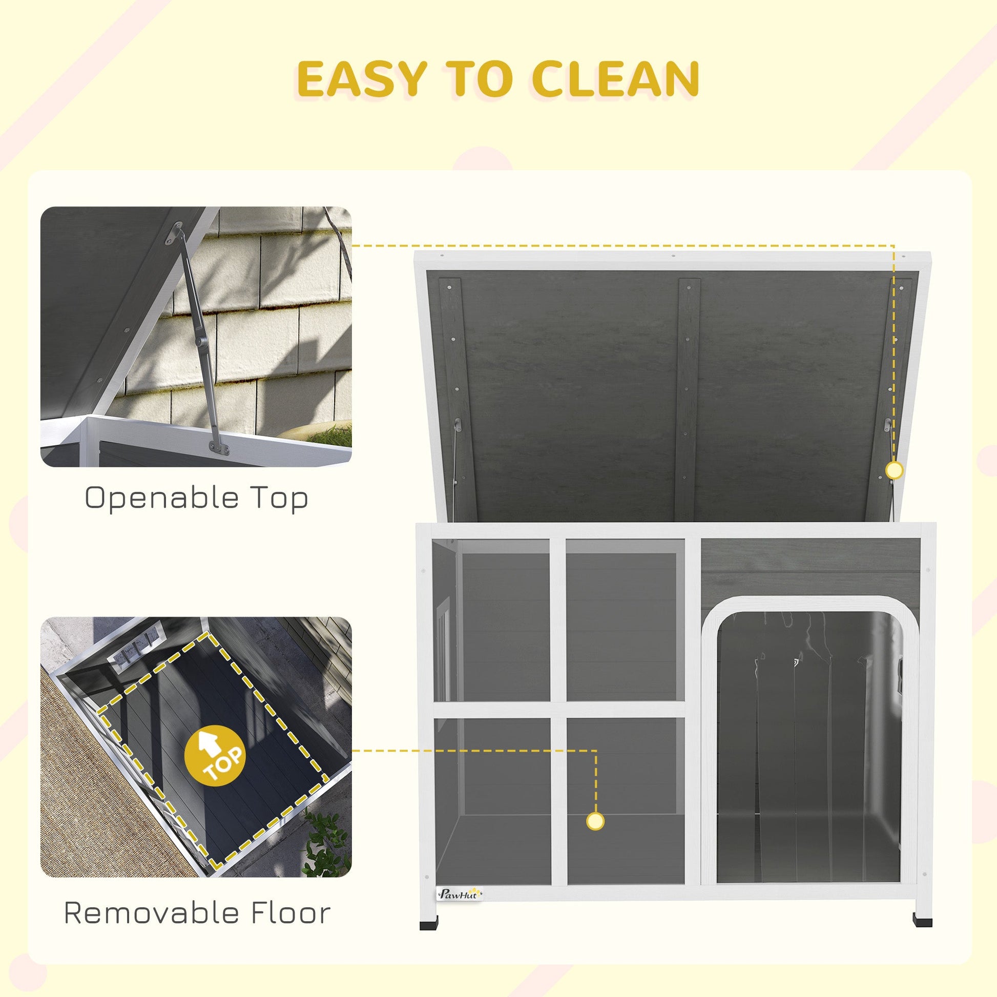 Outdoor Dog Kennel, Wooden Dog House with Asphalt Openable Top, Removable Floor, Clear Front Panel, Curtain, Windows, Dog Shelter for Small, Medium, Large Dogs, 103 x 77 x 83cm, Light Grey