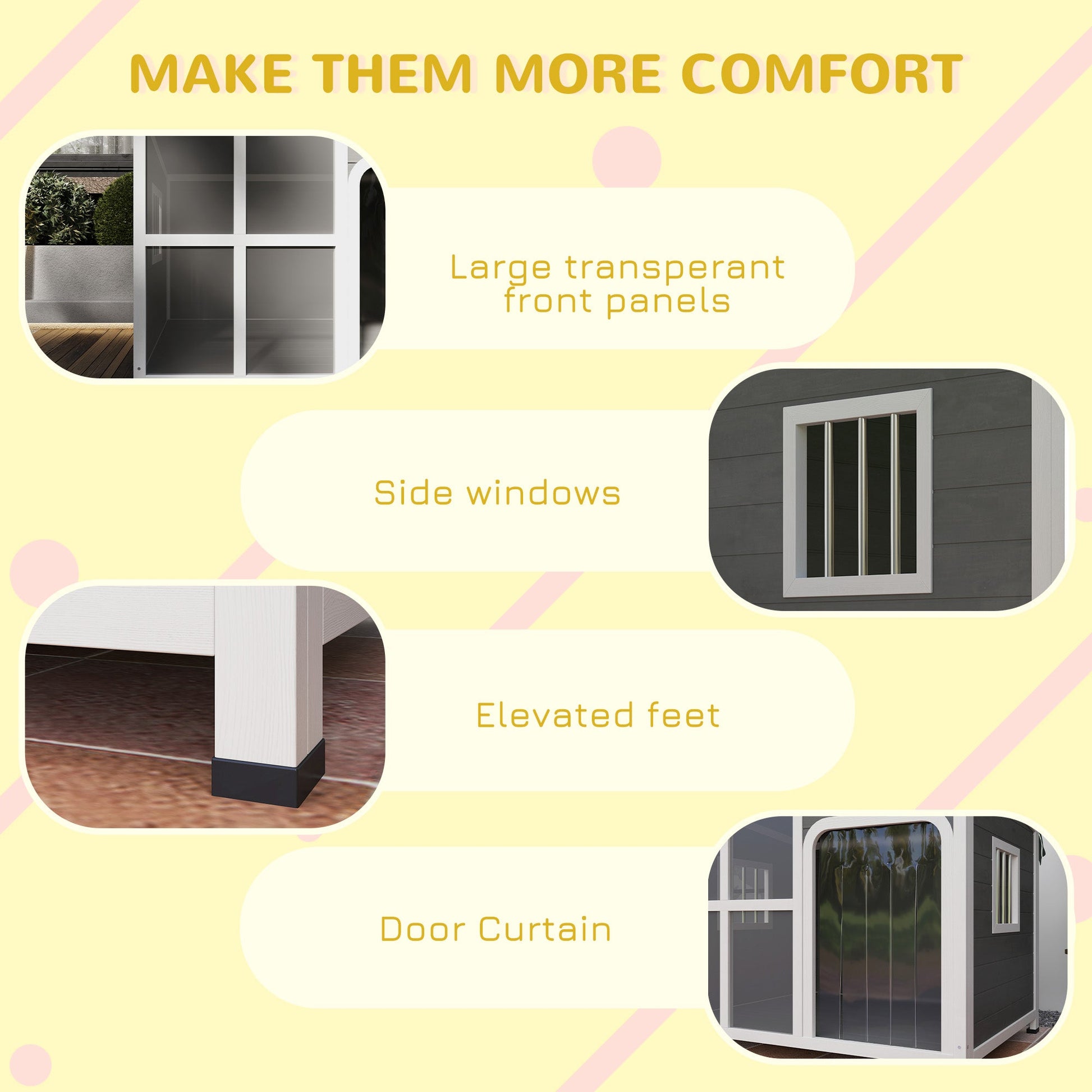 Outdoor Dog Kennel, Wooden Dog House with Asphalt Openable Top, Removable Floor, Clear Front Panel, Curtain, Windows, Dog Shelter for Small, Medium, Large Dogs, 103 x 77 x 83cm, Light Grey