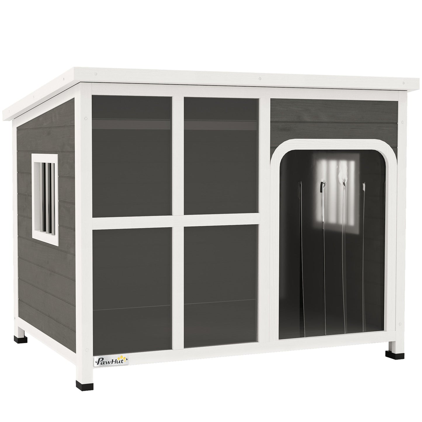 Outdoor Dog Kennel, Wooden Dog House with Asphalt Openable Top, Removable Floor, Clear Front Panel, Curtain, Windows, Dog Shelter for Small, Medium, Large Dogs, 103 x 77 x 83cm, Light Grey