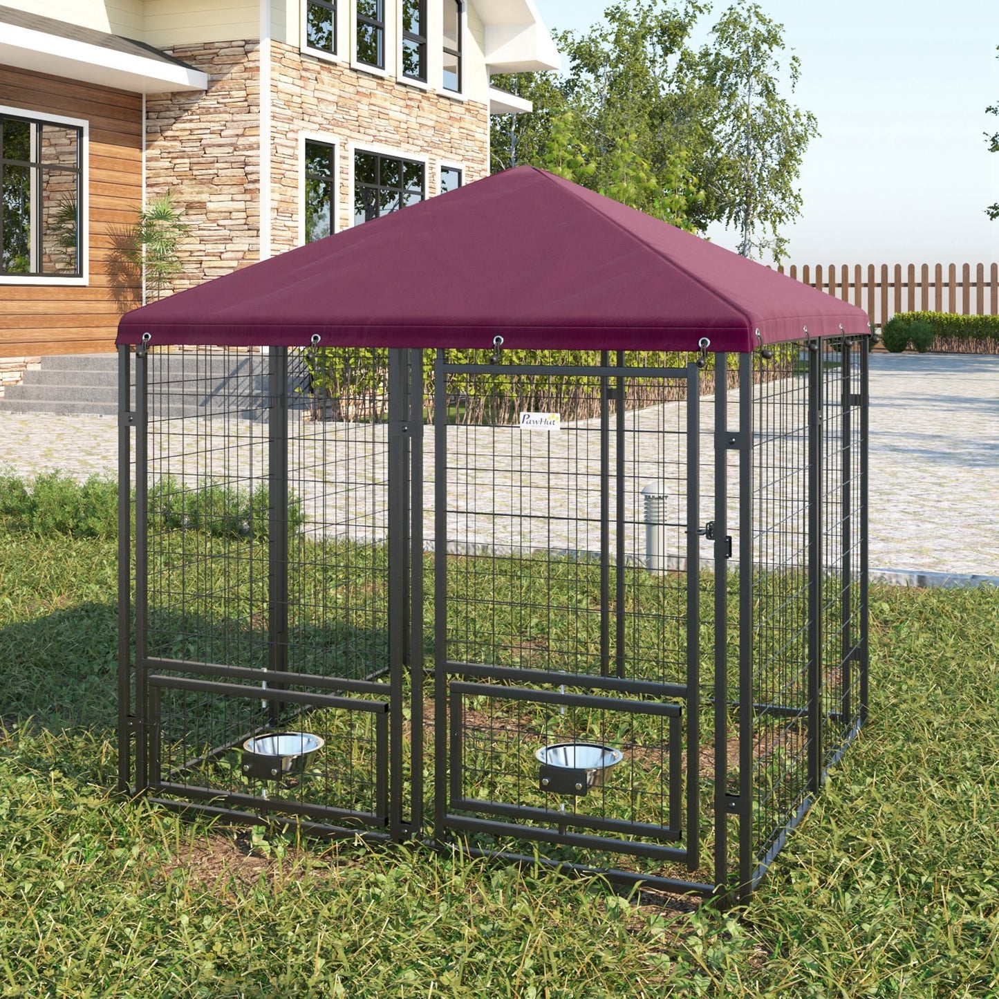 Outdoor Dog Kennel with Rotating Bowl Holders, Dog Run with Water and UV-Resistant Cover for Medium & Small Dogs, Red