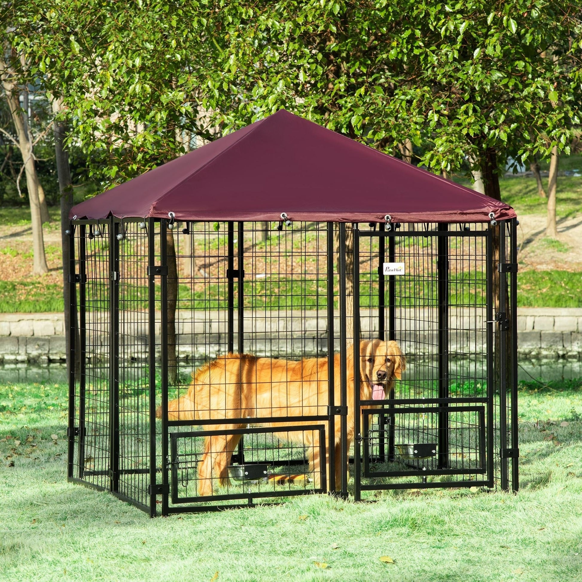 Outdoor Dog Kennel with Rotating Bowl Holders, Dog Run with Water and UV-Resistant Cover for Medium & Small Dogs, Red