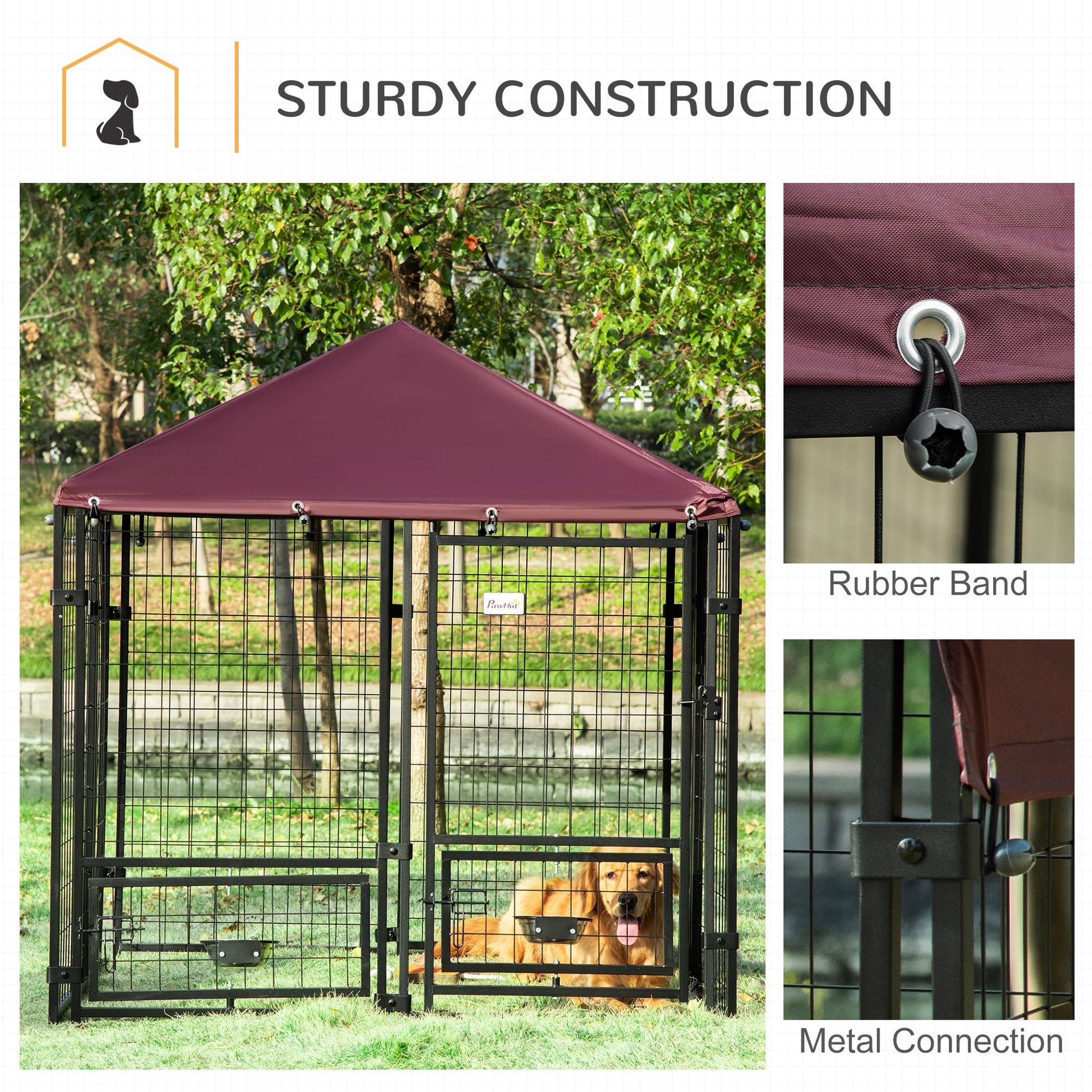 Outdoor Dog Kennel with Rotating Bowl Holders, Dog Run with Water and UV-Resistant Cover for Medium & Small Dogs, Red