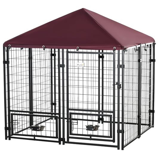Outdoor Dog Kennel with Rotating Bowl Holders, Dog Run with Water and UV-Resistant Cover for Medium & Small Dogs, Red