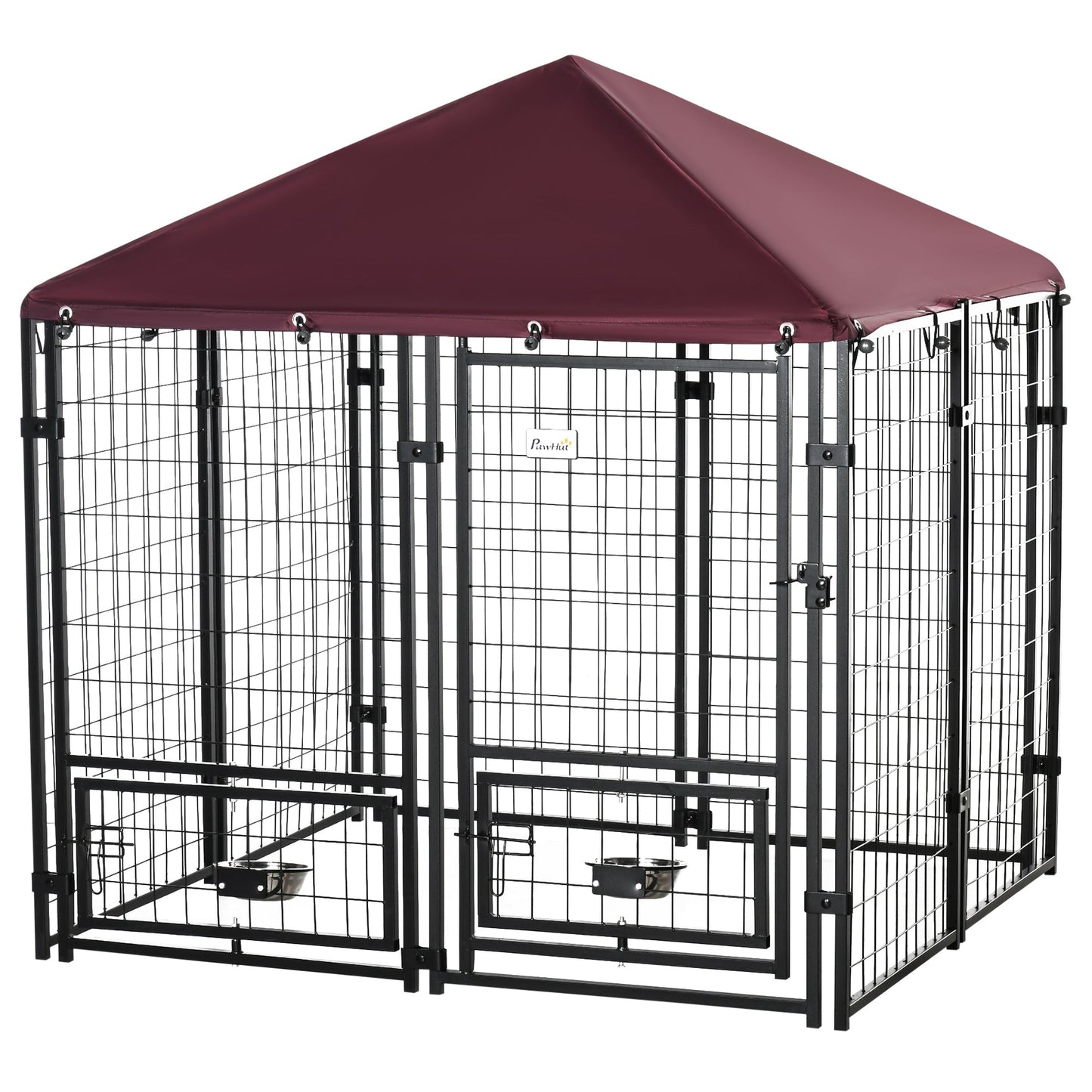 Outdoor Dog Kennel with Rotating Bowl Holders, Dog Run with Water and UV-Resistant Cover for Medium & Small Dogs, Red