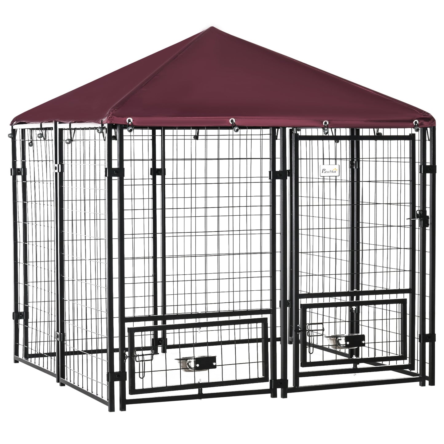 Outdoor Dog Kennel with Rotating Bowl Holders, Dog Run with Water and UV-Resistant Cover for Medium & Small Dogs, Red