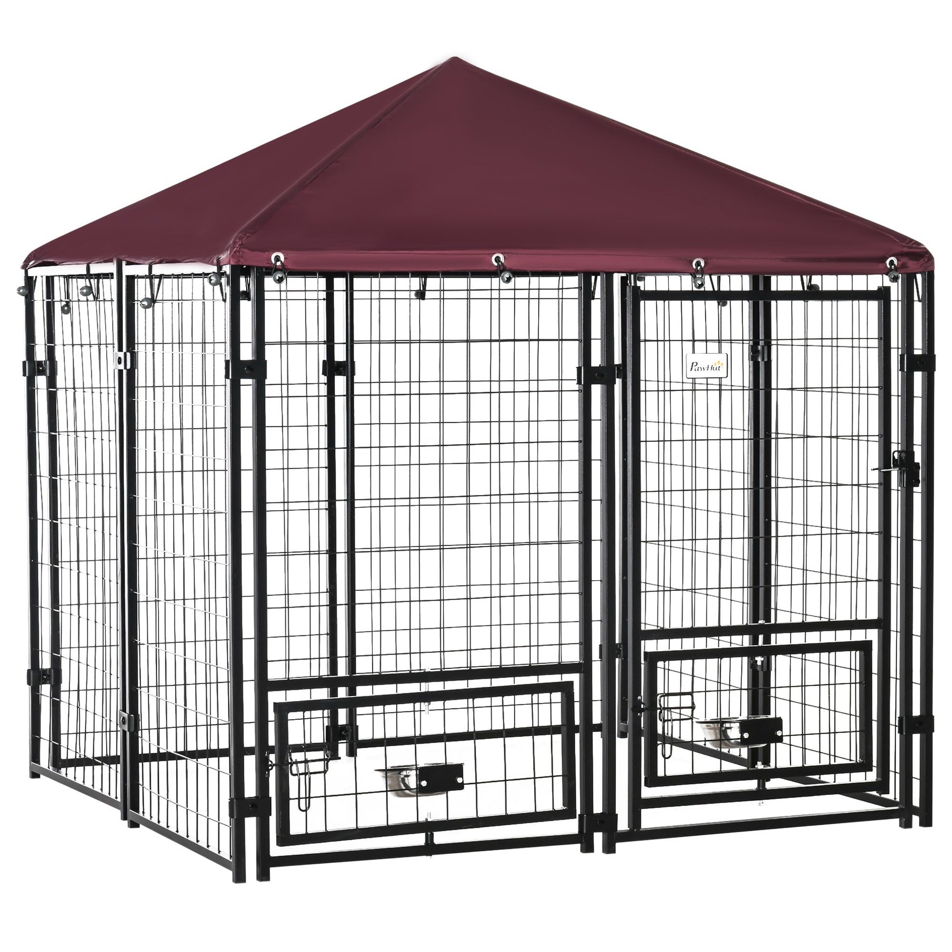 Outdoor Dog Kennel with Rotating Bowl Holders, Dog Run with Water and UV-Resistant Cover for Medium & Small Dogs, Red