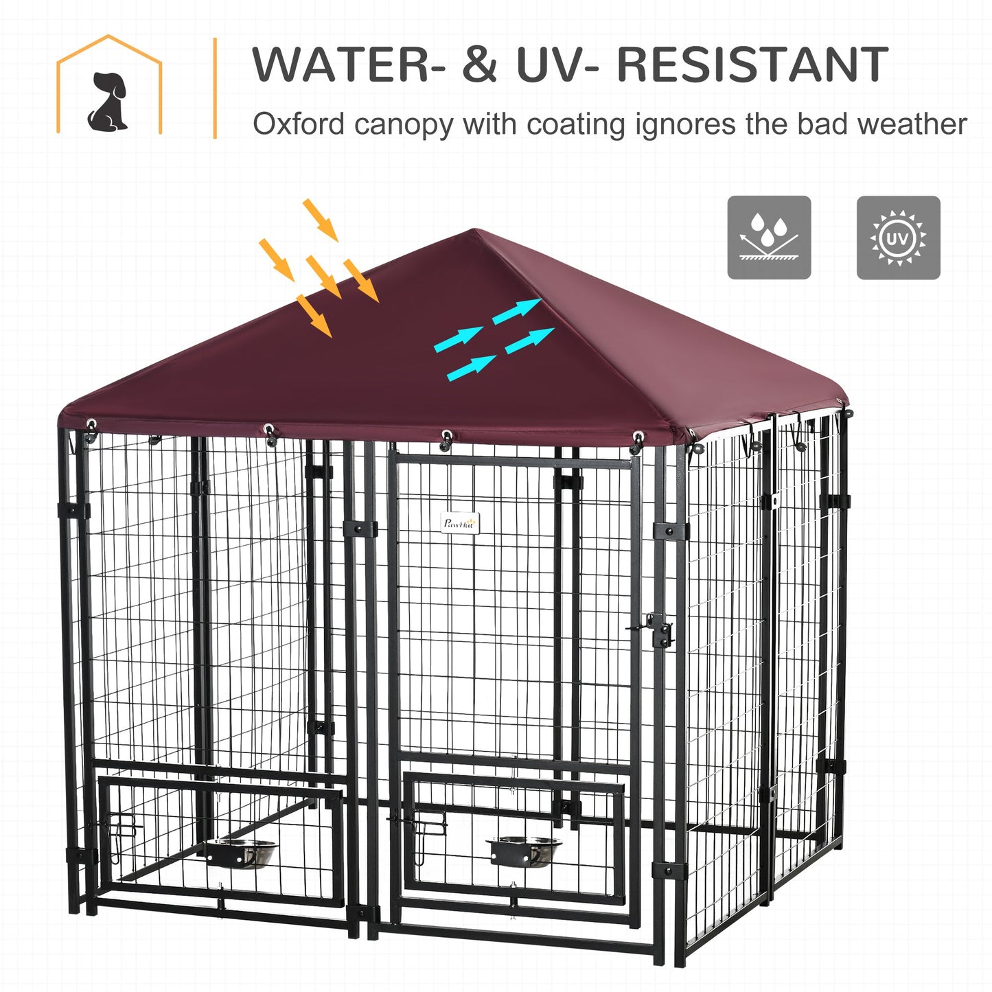 Outdoor Dog Kennel with Rotating Bowl Holders, Dog Run with Water and UV-Resistant Cover for Medium & Small Dogs, Red